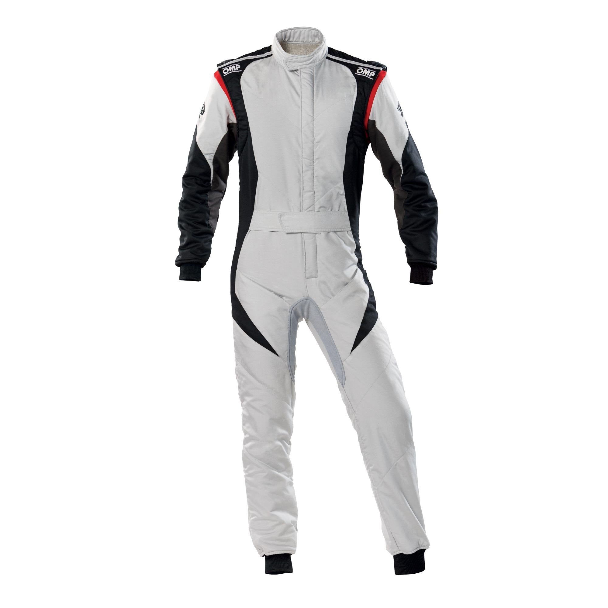 The 2024 model silver and black OMP First Evo Racing Suit.