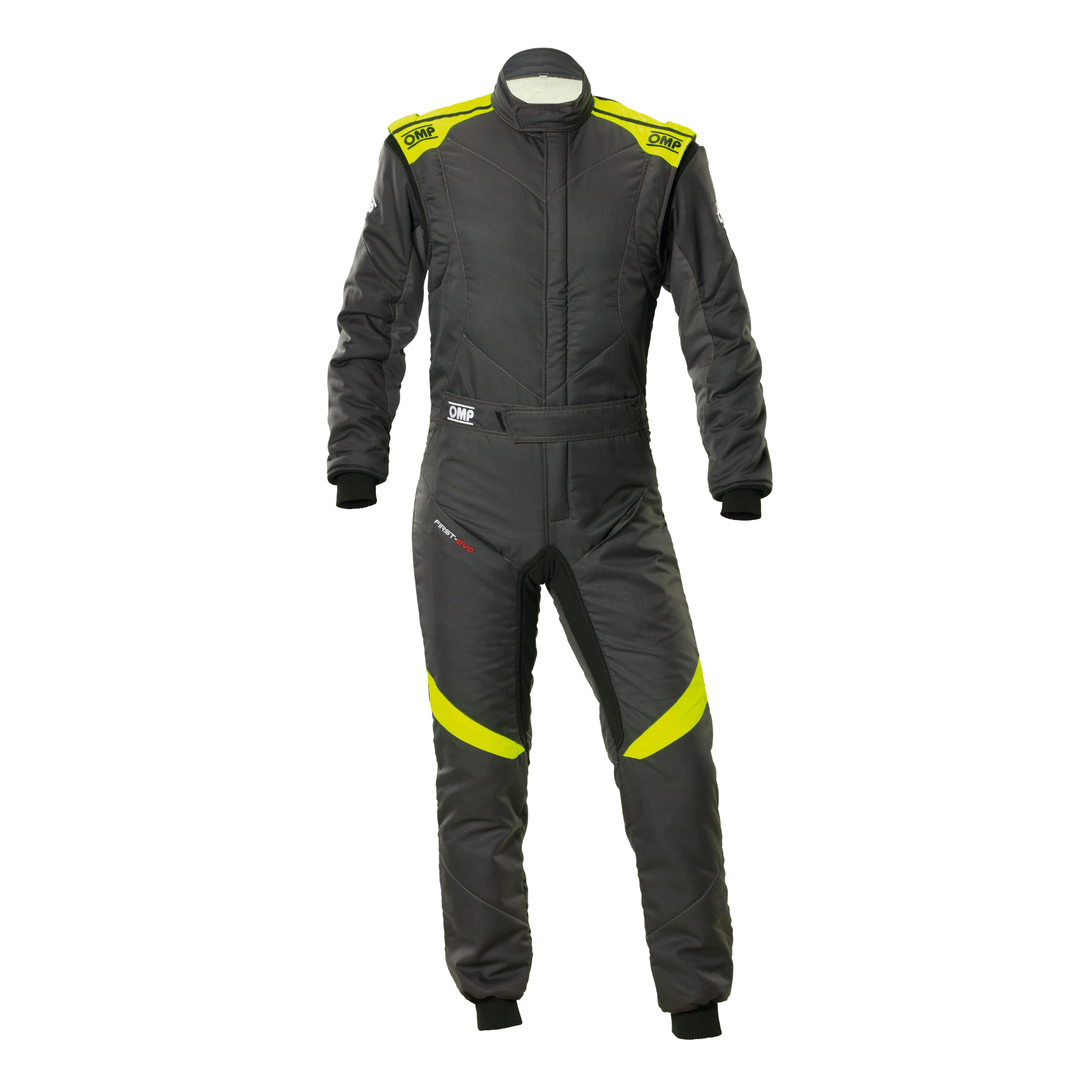 The anthracite and yellow OMP First Evo Racing Suit.