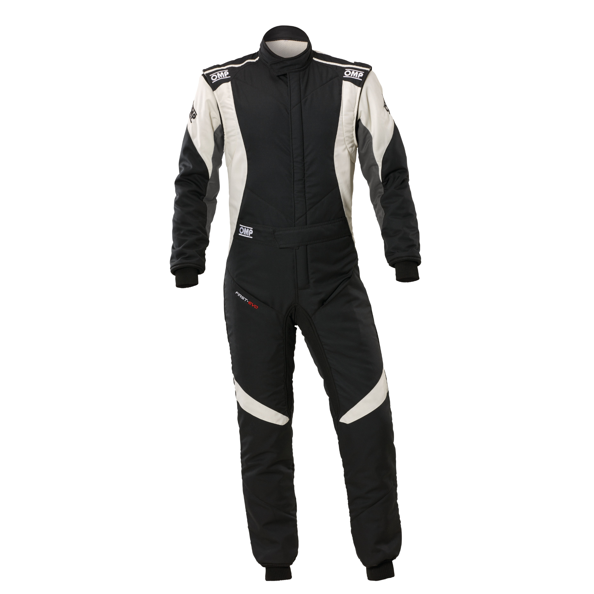 The black and white OMP First Evo Racing Suit.