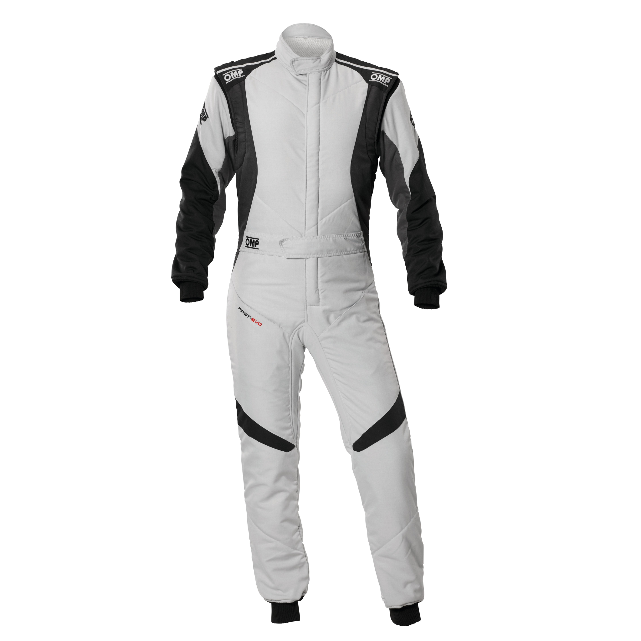 The front of the grey and black OMP First Evo Racing Suit.