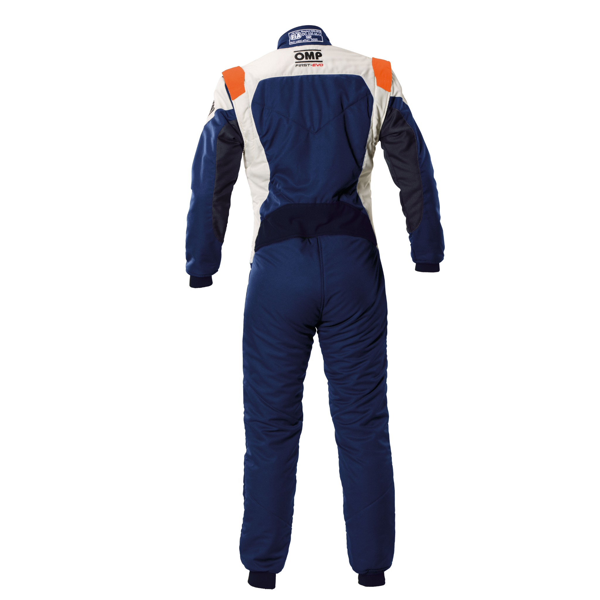 The back of the navy and orange OMP First Evo Racing Suit.