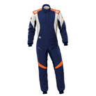 The front of the navy and orange OMP First Evo Racing Suit.