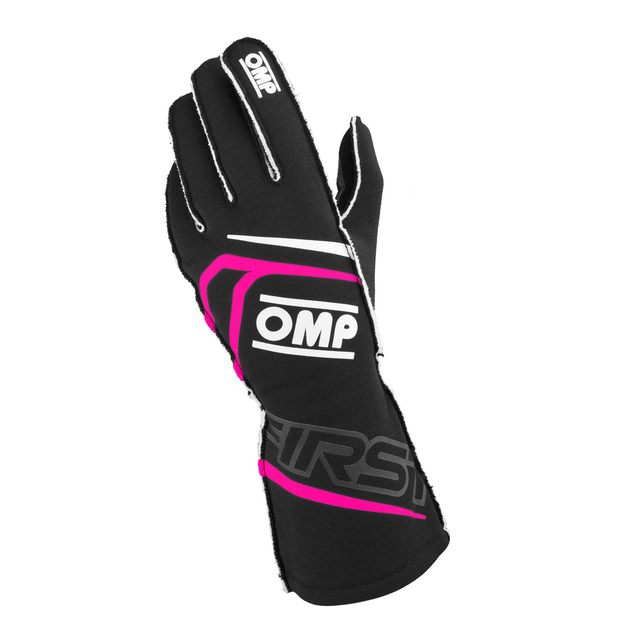 A single black and fuchsia OMP First Fire Resistant Racing Glove.