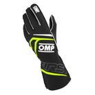 A single FIA 8856-2018 homologated black and yellow OMP First Fire Resistant Racing Glove.