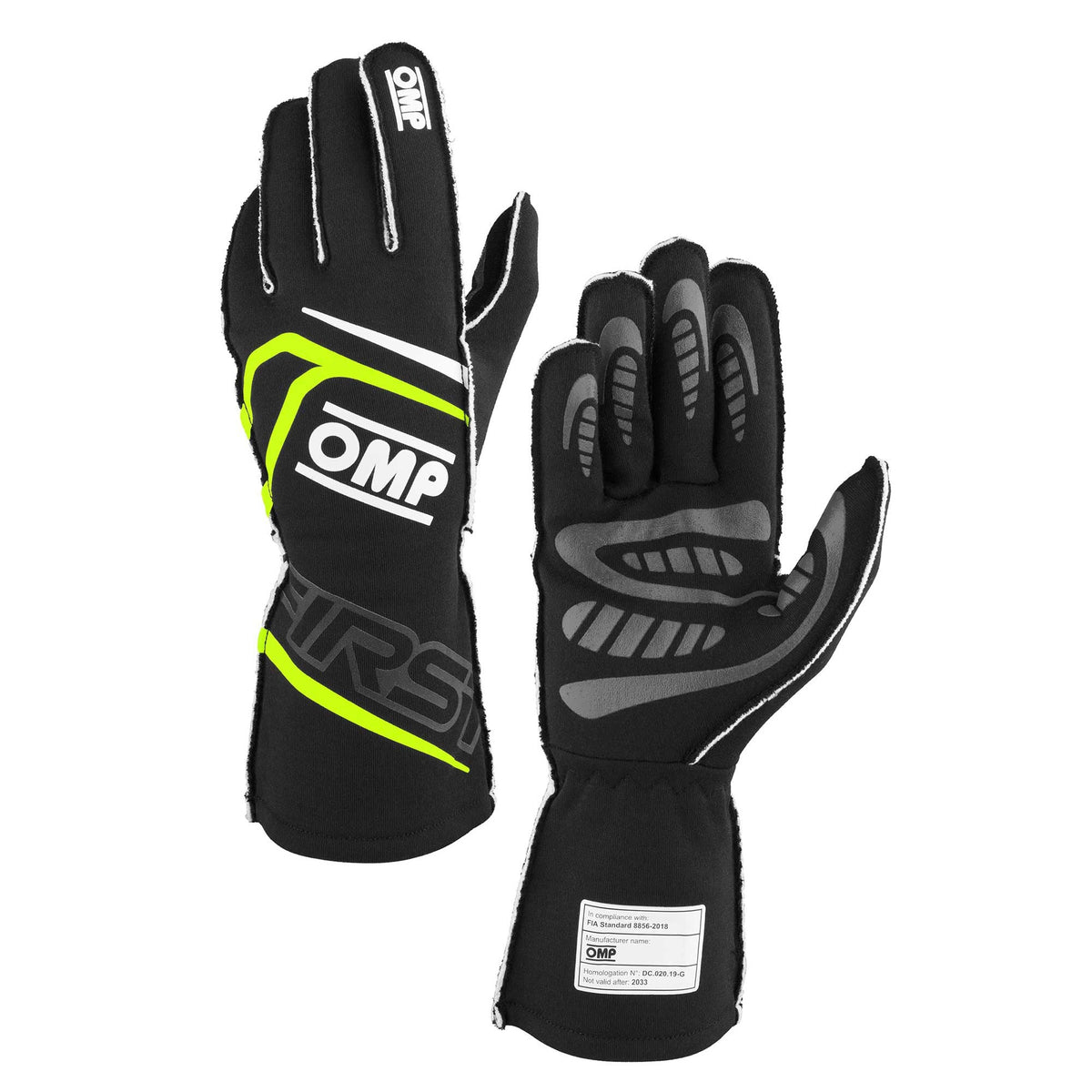 The FIA 8856-2018 homologated black and yellow OMP First Fire Resistant Racing Gloves.