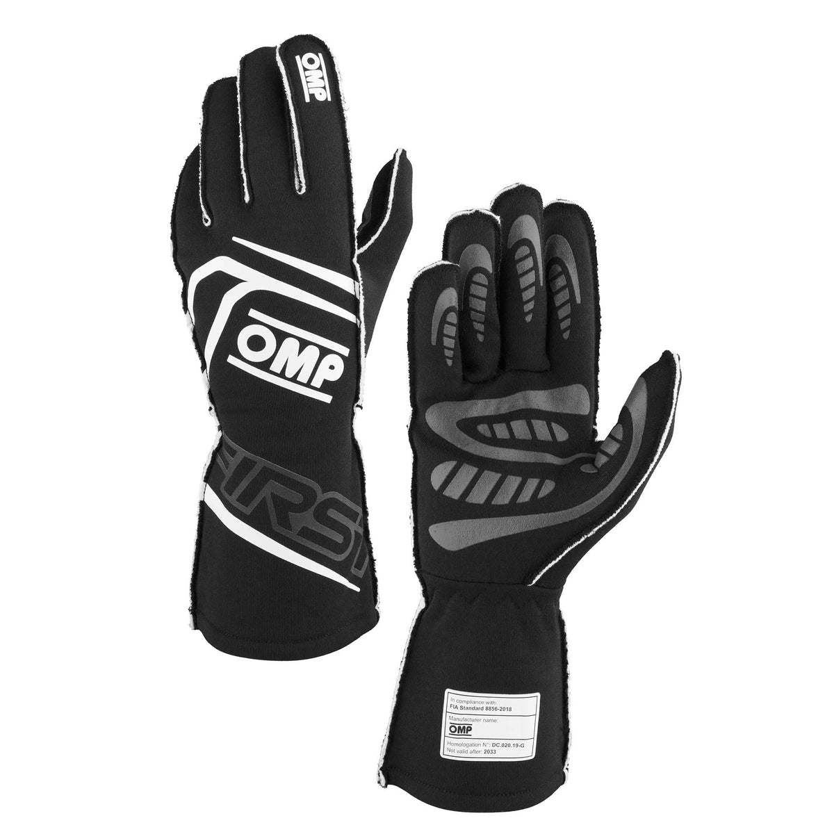 The FIA 8856-2018 homologated black OMP First Fire Resistant Racing Gloves.