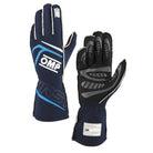 The FIA 8856-2018 homologated navy and cyan OMP First Fire Resistant Racing Gloves.