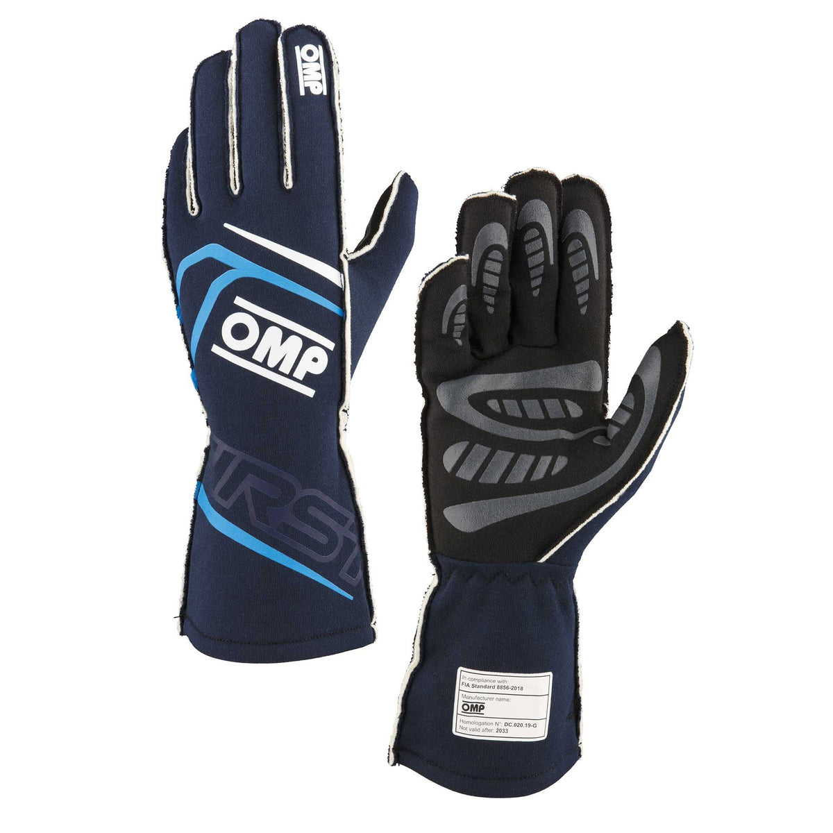 The FIA 8856-2018 homologated navy and cyan OMP First Fire Resistant Racing Gloves.