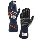 The FIA 8856-2018 homologated navy and orange OMP First Fire Resistant Racing Gloves.