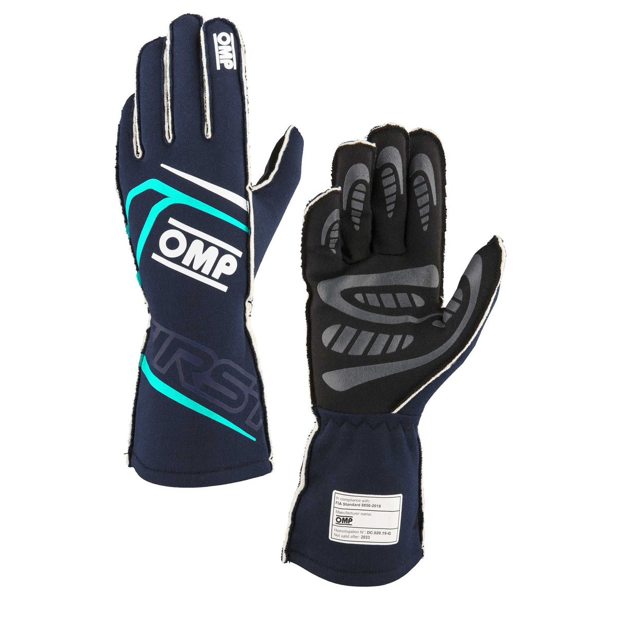 The FIA 8856-2018 homologated navy and tiffany OMP First Fire Resistant Racing Gloves.
