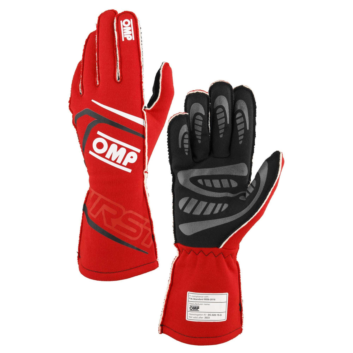 The FIA 8856-2018 homologated red OMP First Fire Resistant Racing Gloves.