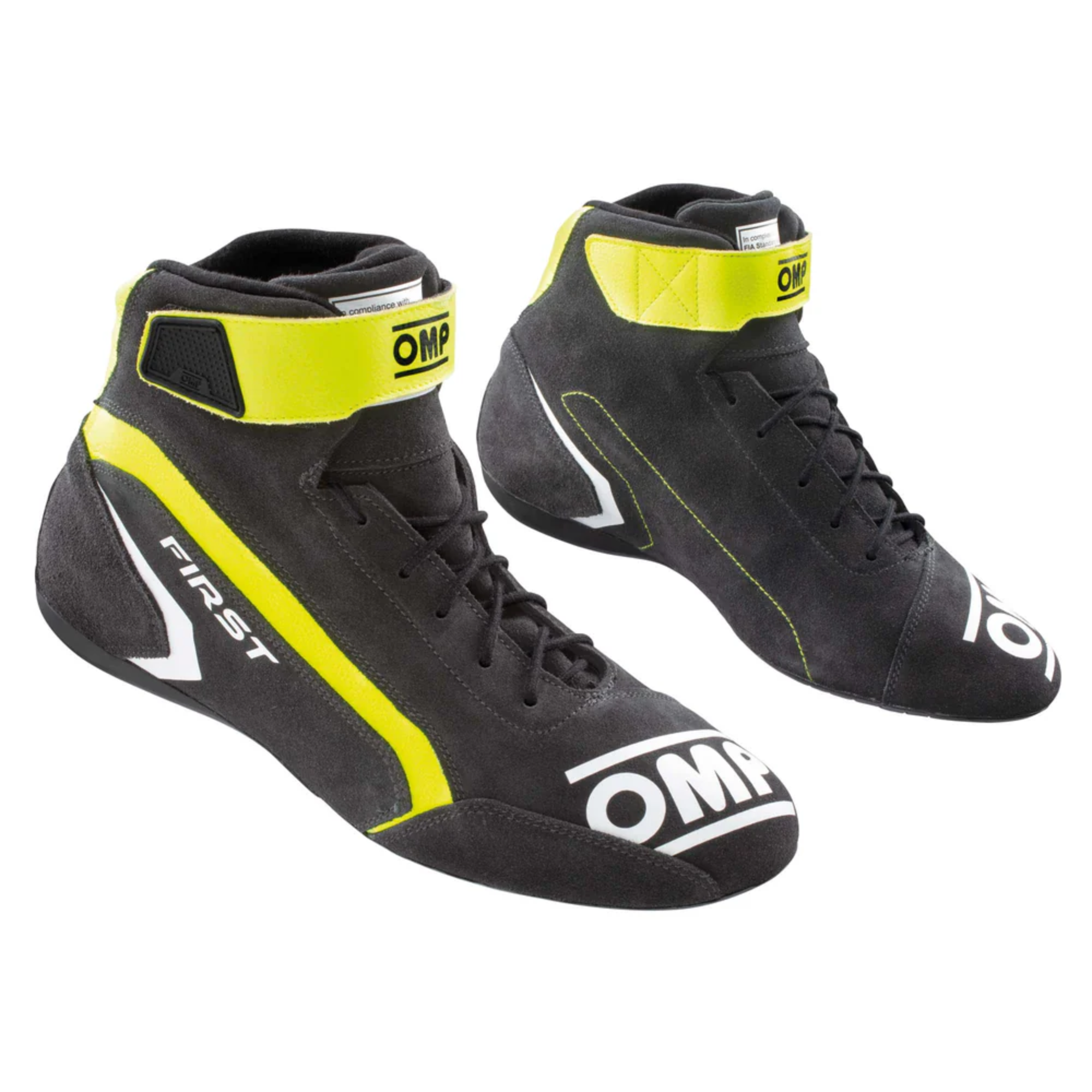 The anthracite and yellow OMP First v2 Racing Shoes.