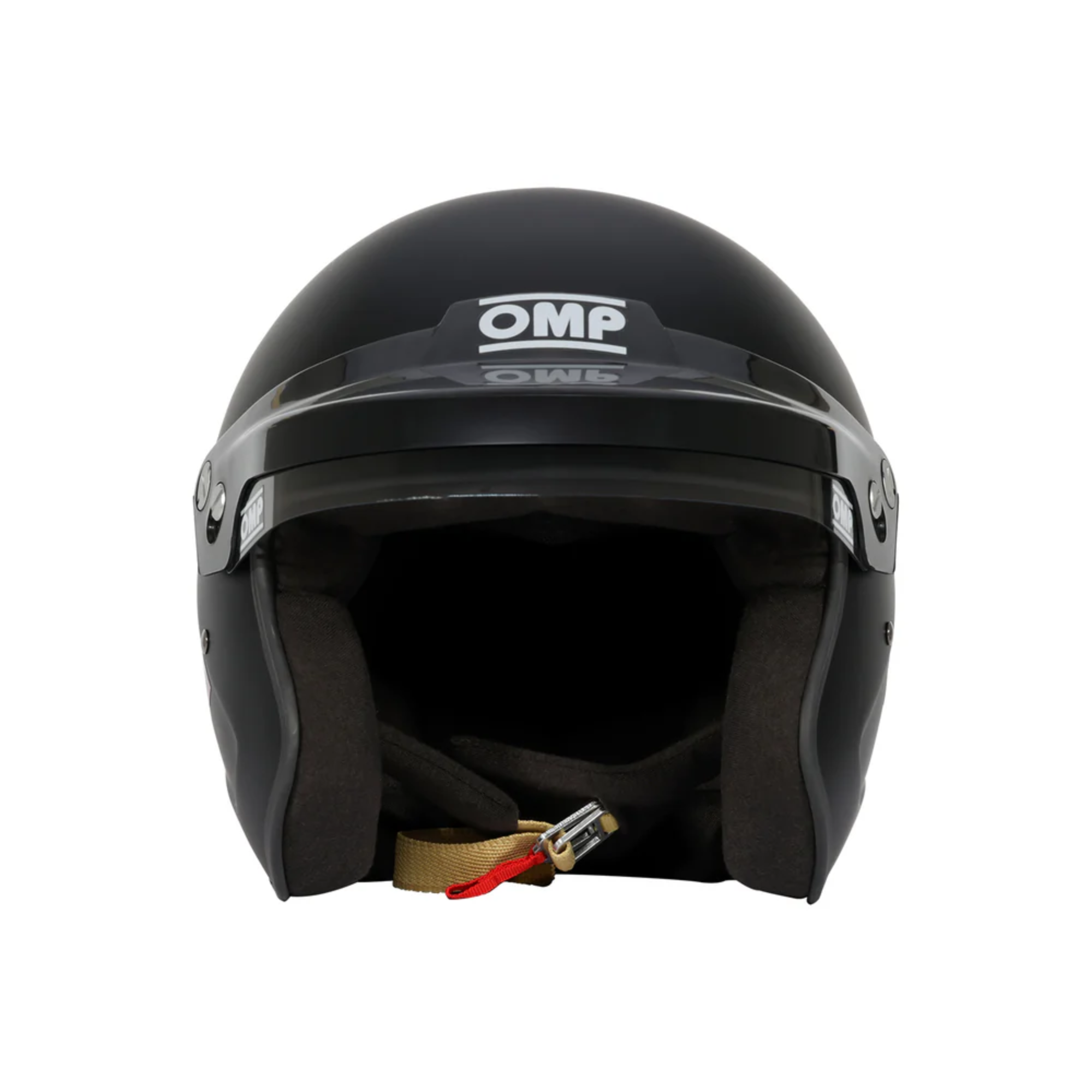 The front of the flat black OMP GP-I Open Face Racing Helmet - SA2025.