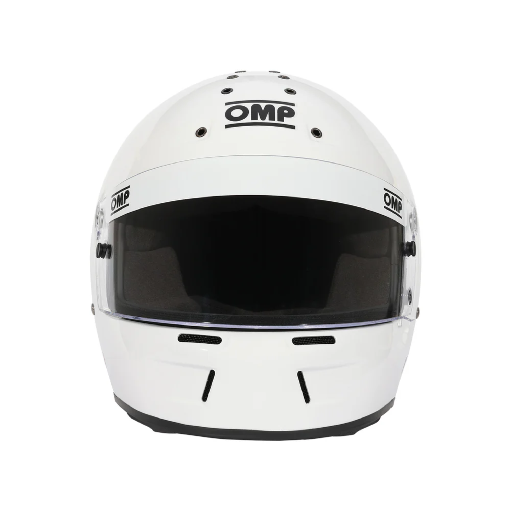 The front of the white OMP GT-EV Racing Helmet - SA2025.