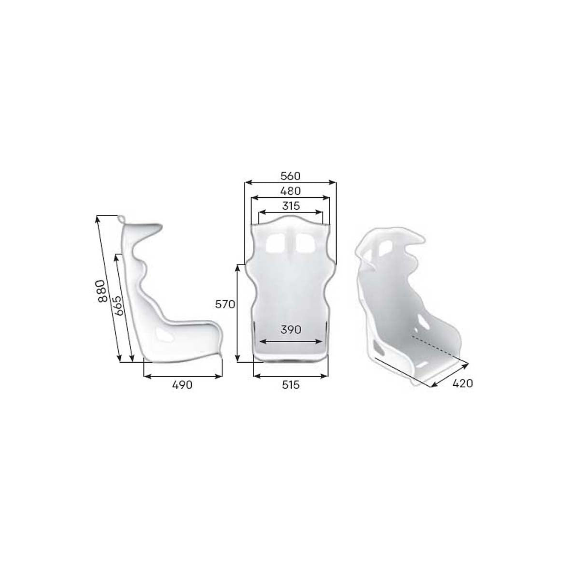 The technical line drawing (dimensions) of the OMP HTE-R Racing Seat.