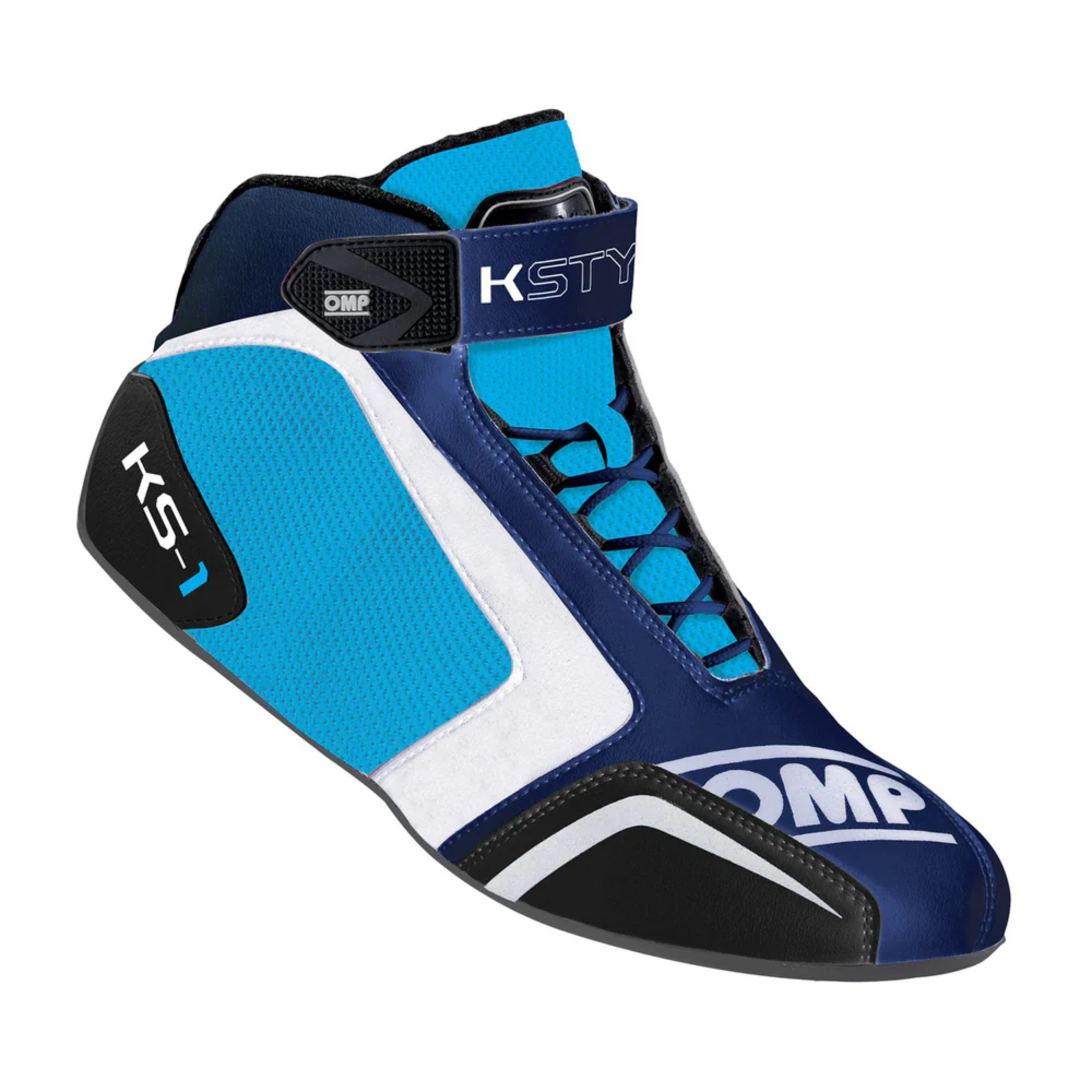The blue and cyan OMP KS-1 Karting Shoes from OMP.