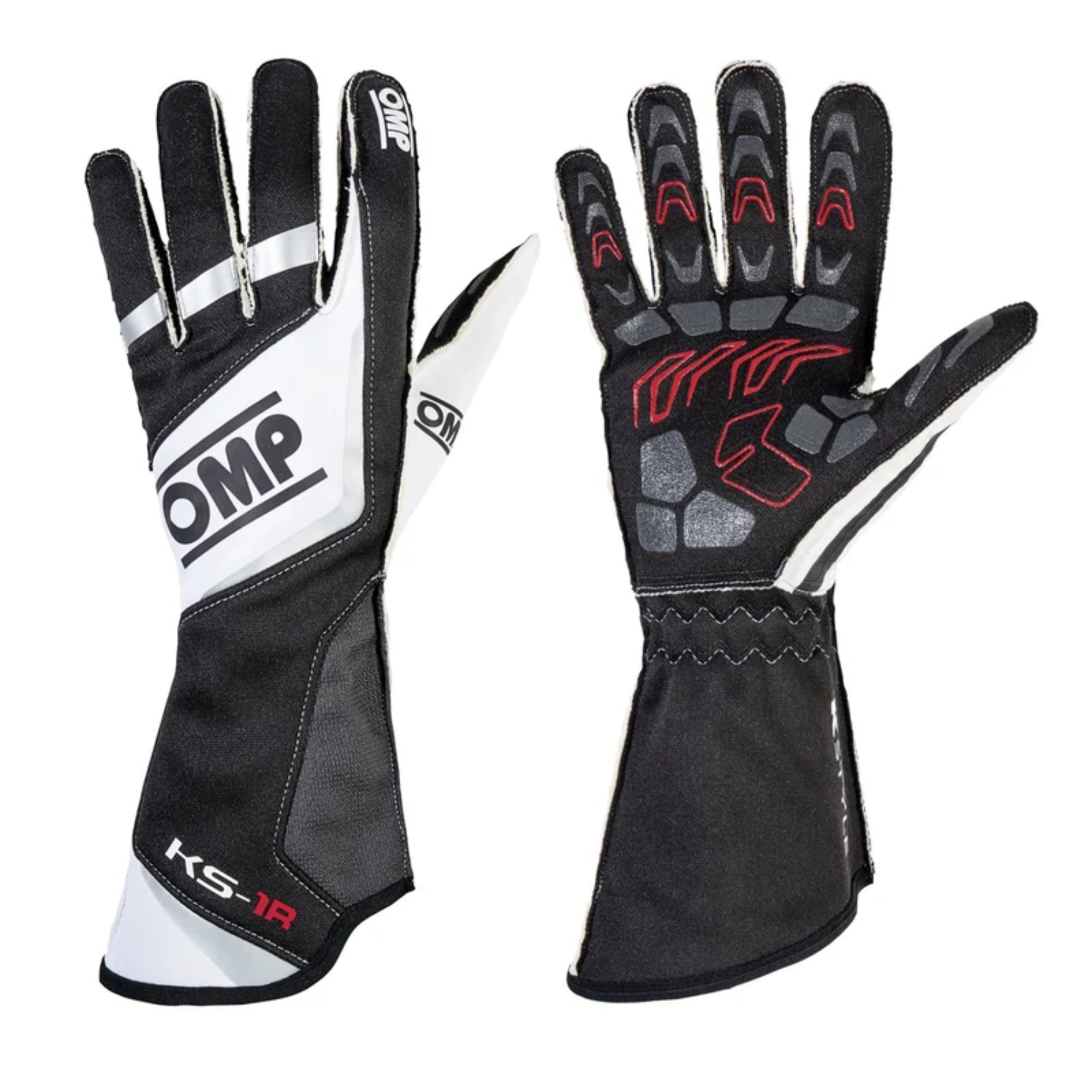 The back and front (palm) of the black and silver OMP KS-1R Karting Gloves.