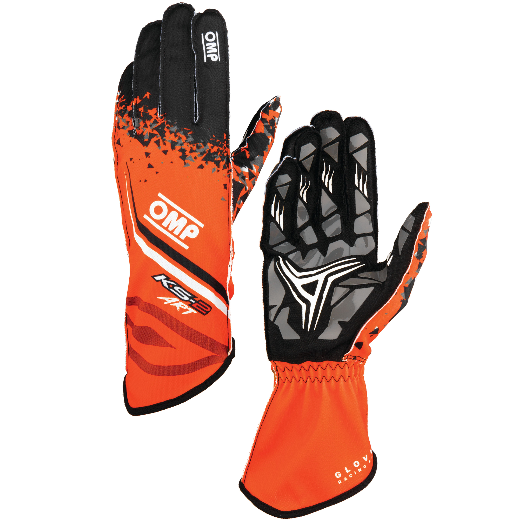 The orange and black OMP KS-2 Art Youth Karting Gloves.