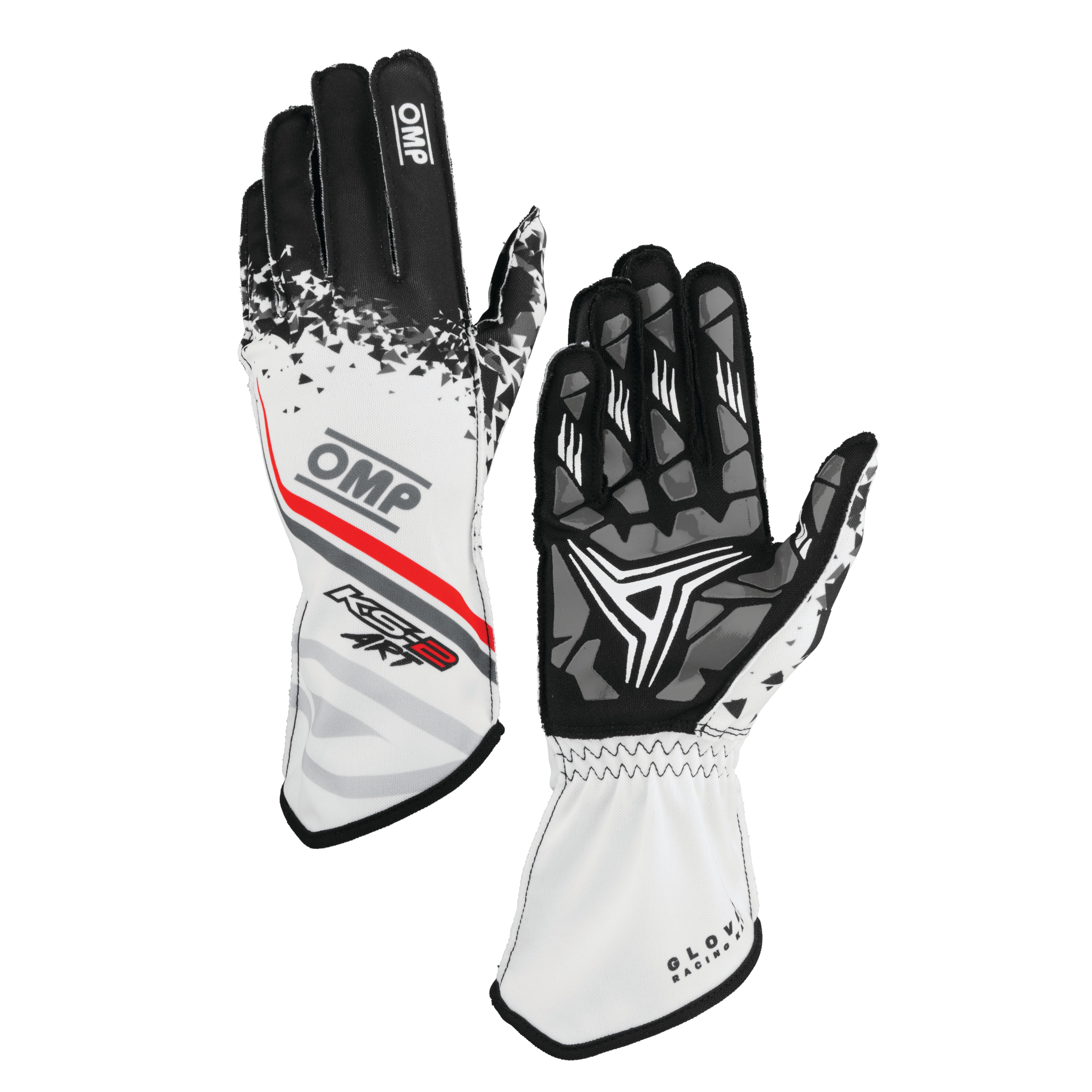The white, black and red OMP KS-2 Art Youth Karting Gloves.