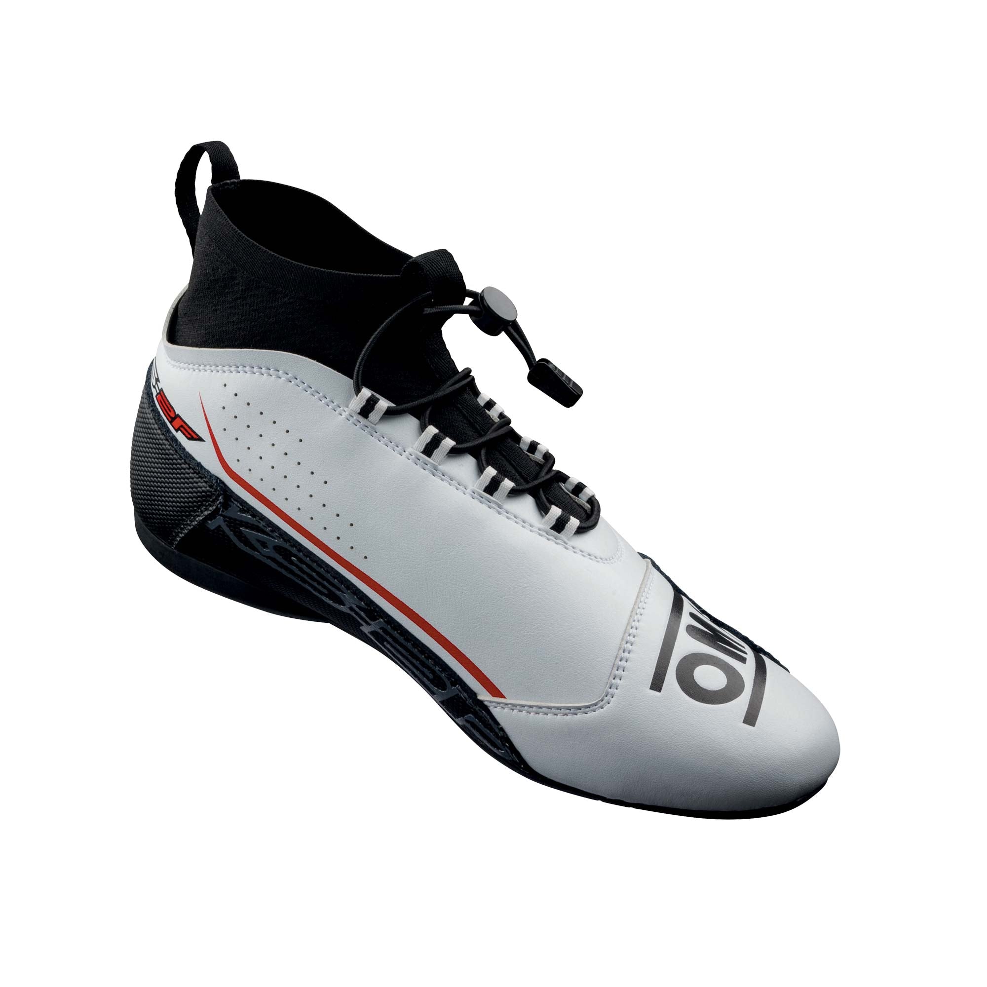 The white OMP KS-2F Karting Shoes from the side.