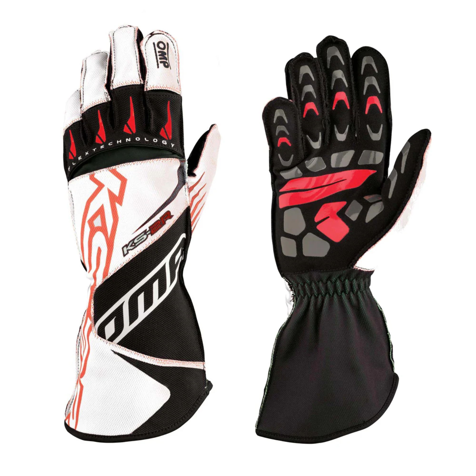 The white and red OMP KS-2R Karting Gloves.