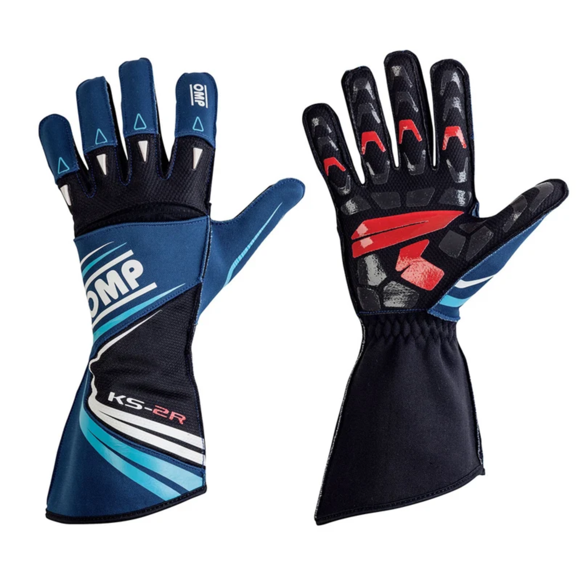 The navy, white and cyan OMP KS-2R Youth Karting Gloves - 2021 Model.
