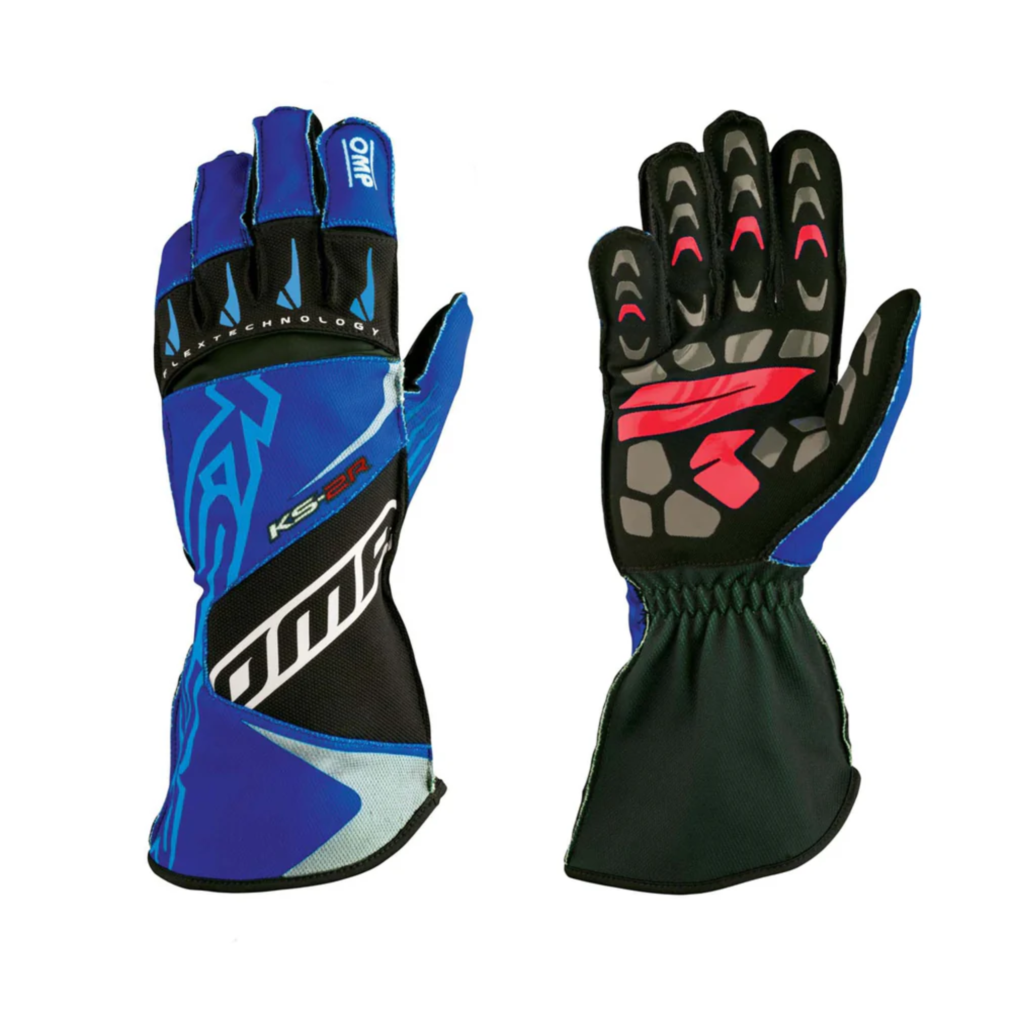 The navy and cyan OMP KS-2R Youth Karting Gloves.