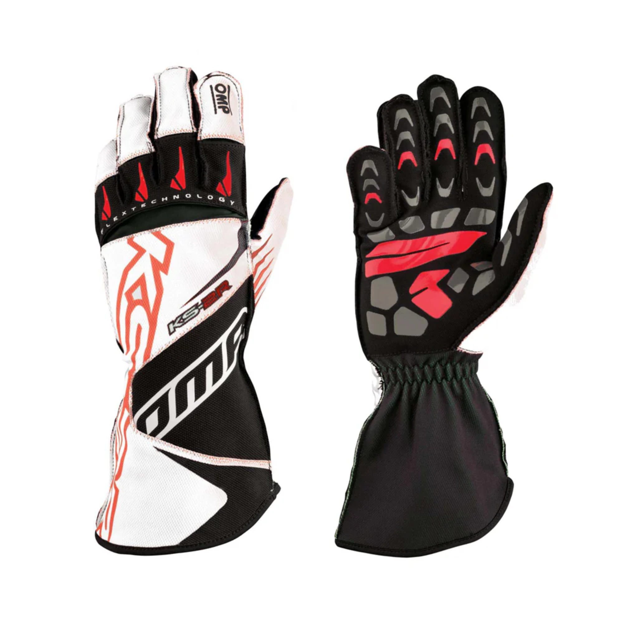 The white and red OMP KS-2R Youth Karting Gloves.