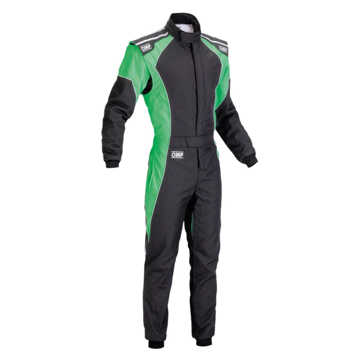 The black and green 2018 Model OMP KS-3 Fluorescent Kart Racing Suit.