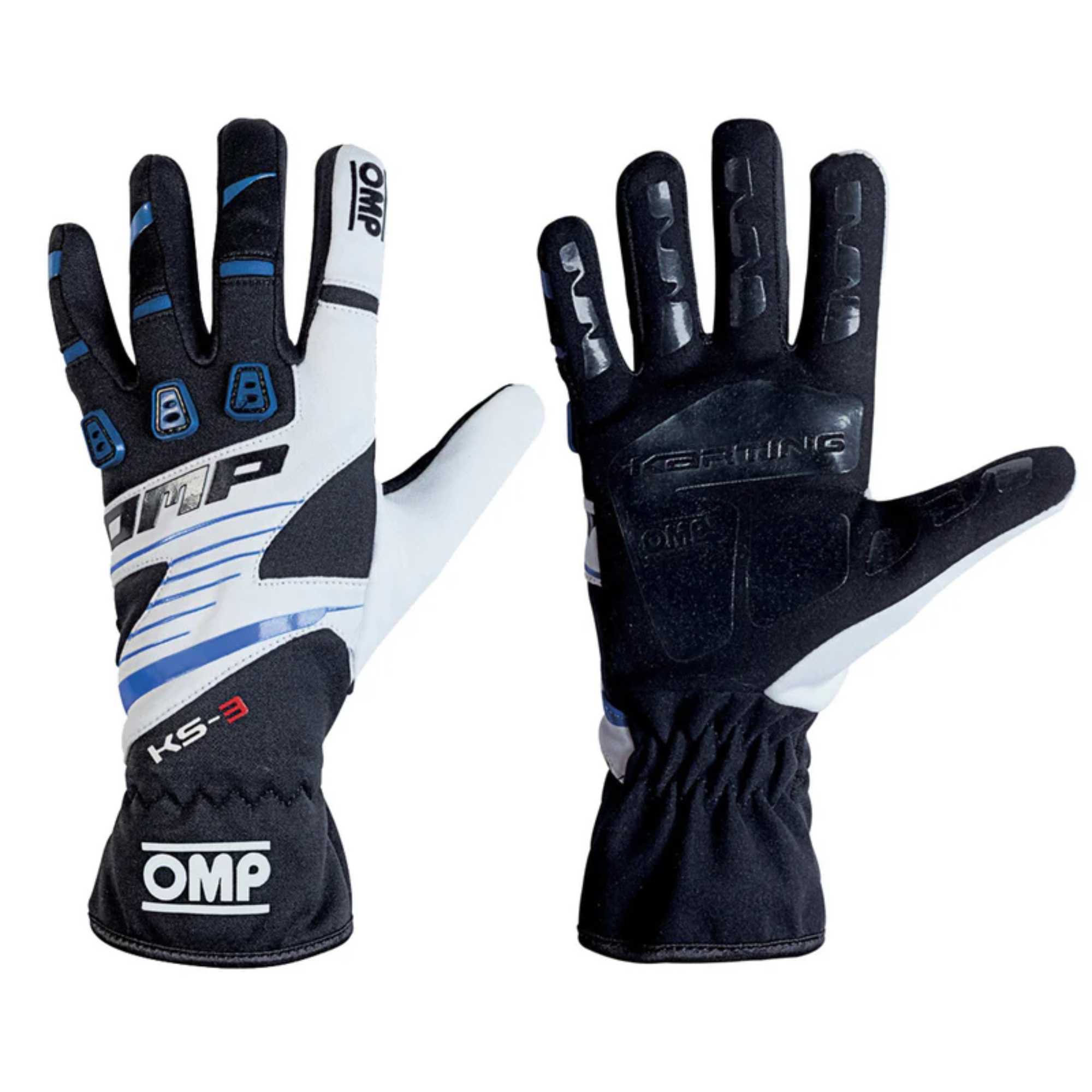The black, blue and white OMP KS-3 Karting Gloves.