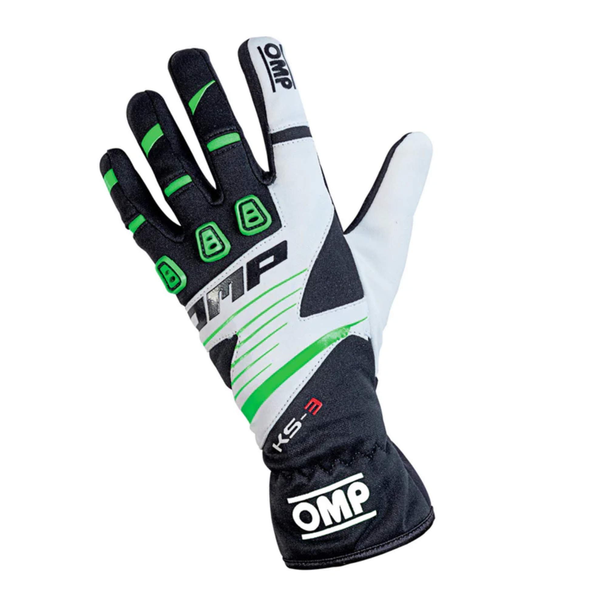 A single black, green and white OMP KS-3 Karting Glove.