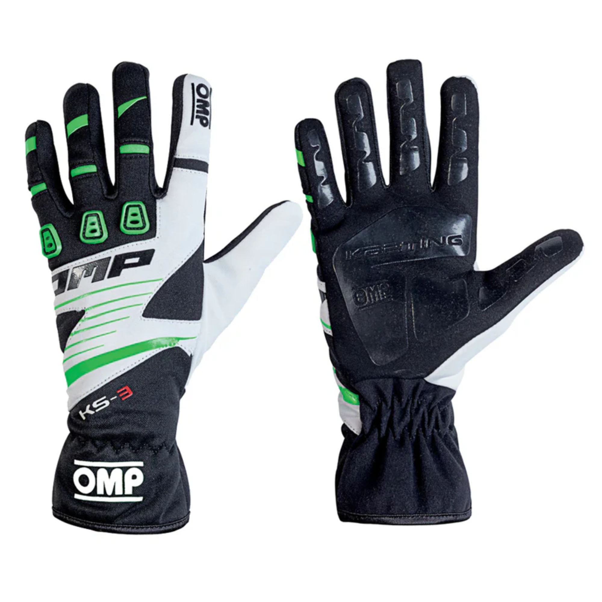 The black, green and white OMP KS-3 Karting Gloves.