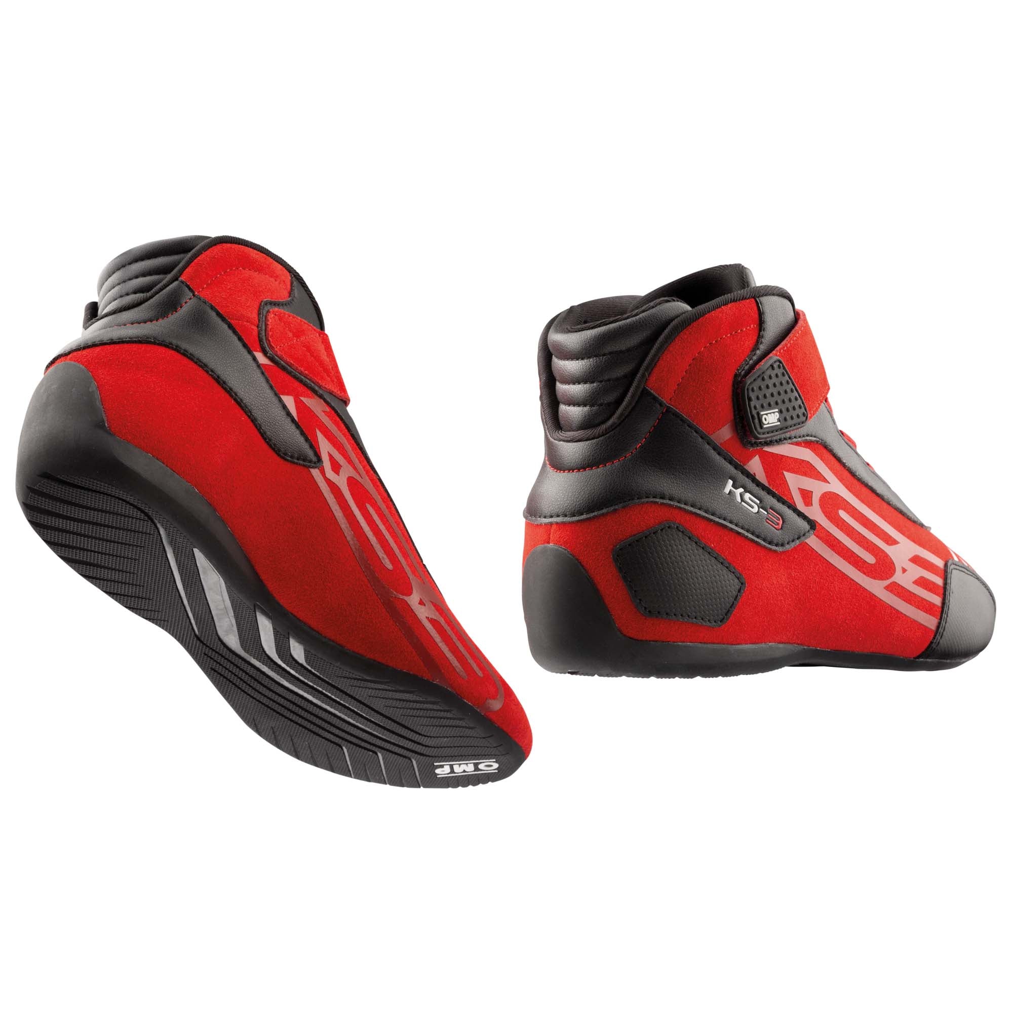 The red OMP KS-3 v2 Karting Shoes showing the heel and the sole.