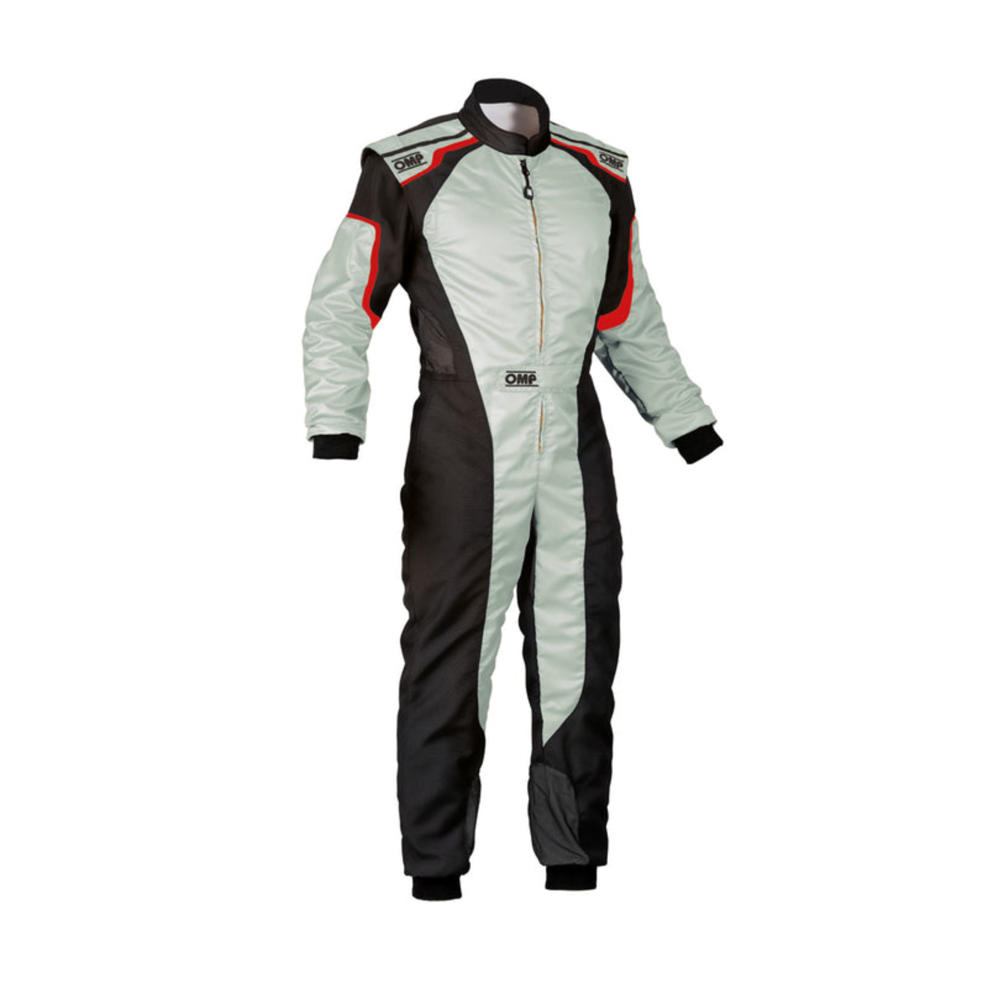 The silver and black OMP KS-3 Youth Kart Racing Suit.