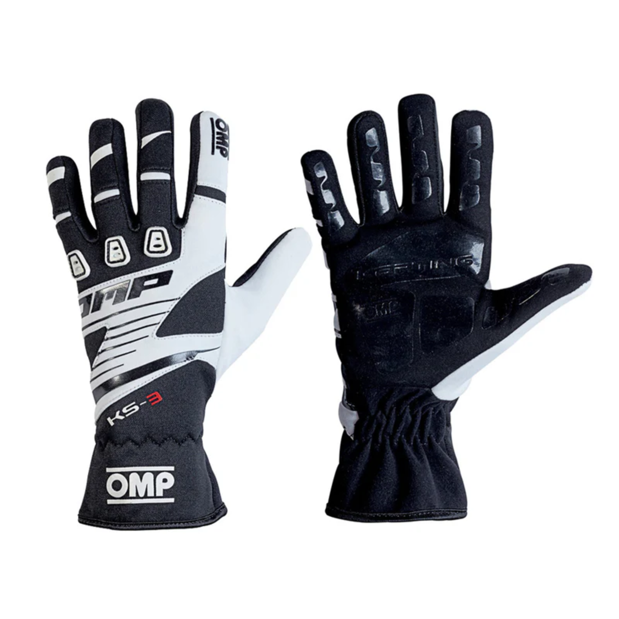 The black and white OMP KS-3 Youth Karting Gloves.