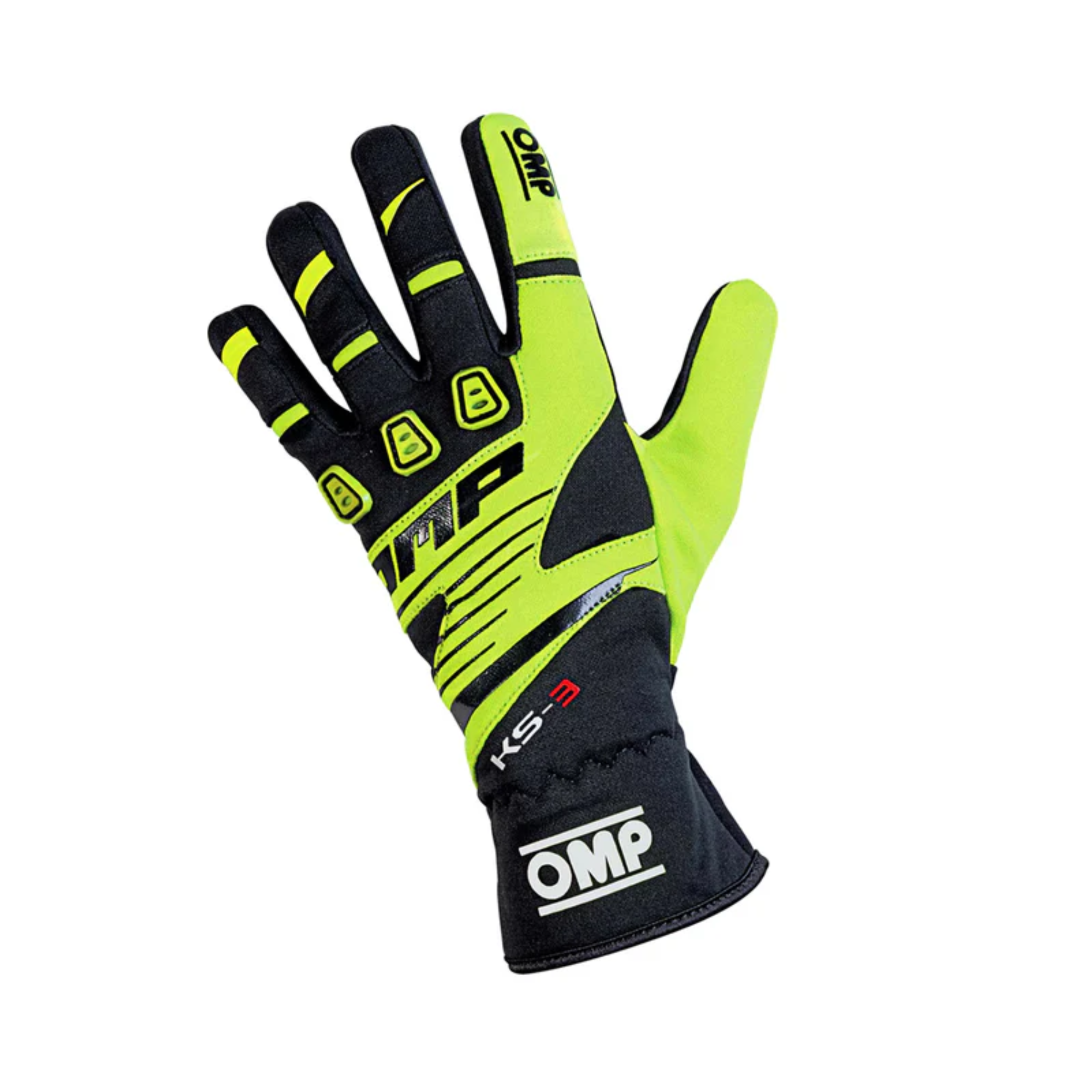 A single black and yellow OMP KS-3 Youth Karting Glove.
