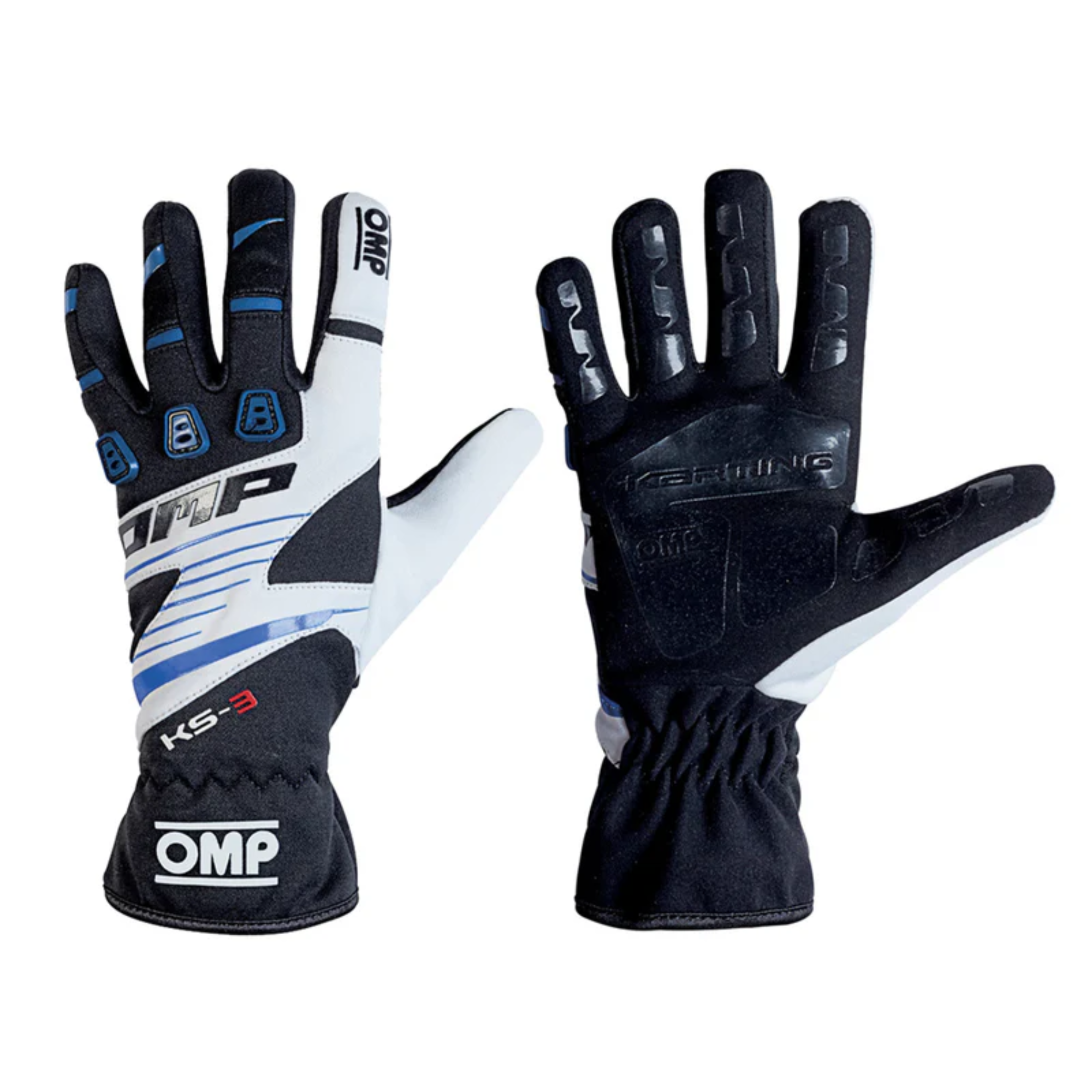 The black, blue and whiteOMP KS-3 Youth Karting Gloves.