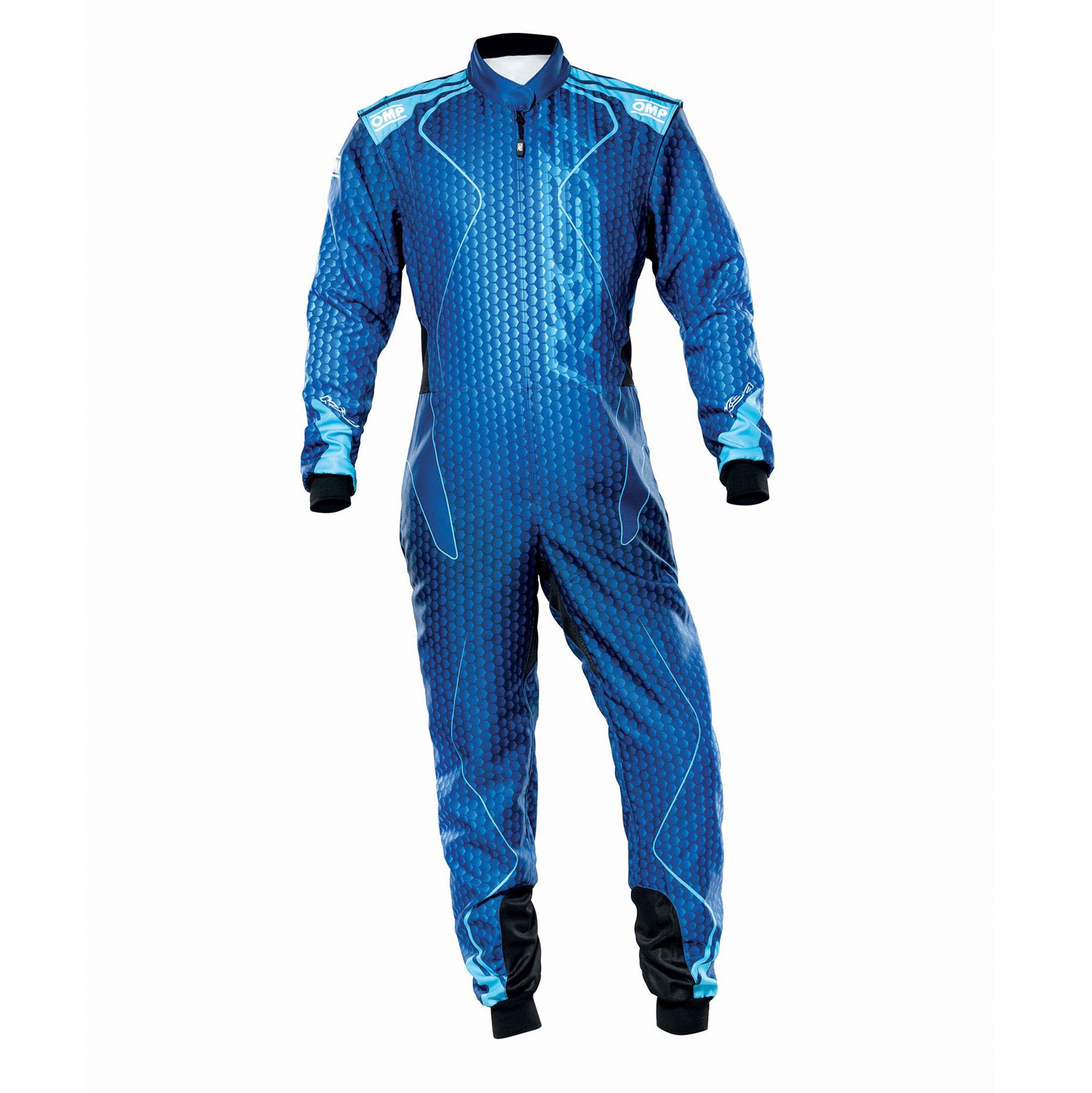 The navy and cyan OMP KS-3R Art Kart Racing Suit.