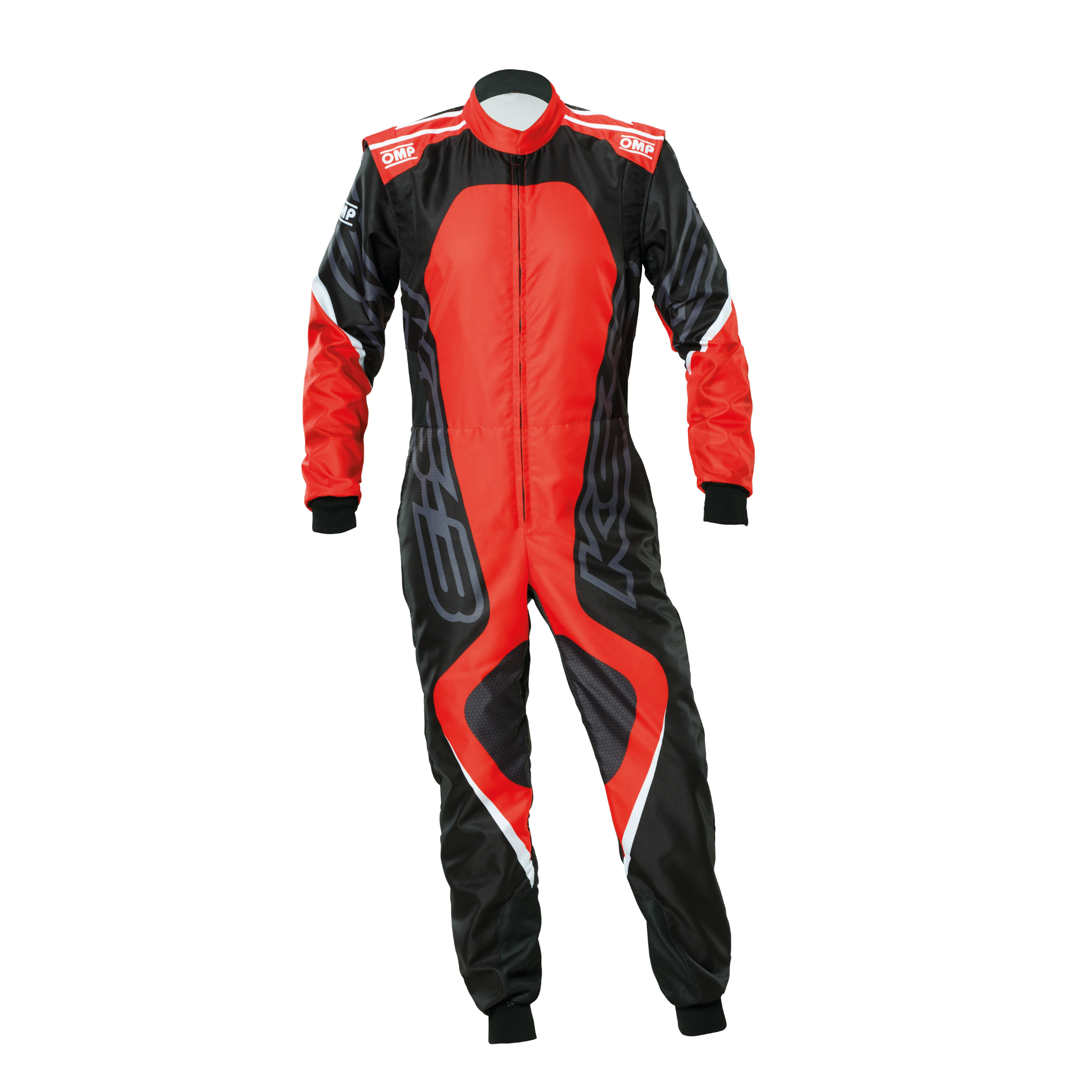 The front of the black and red OMP KS-3X Art Kart Racing Suit.
