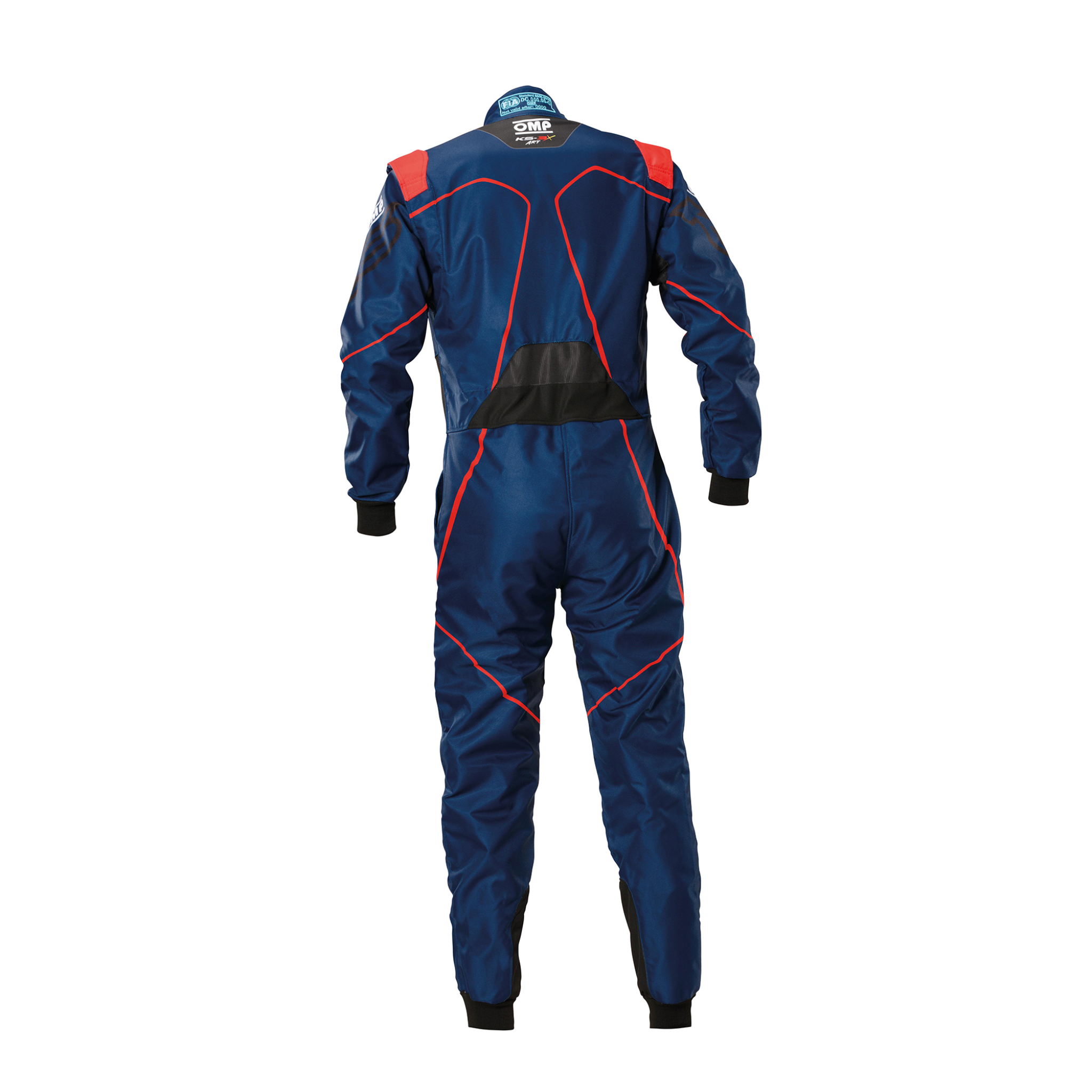 The back of the blue and red OMP KS-3X Art Style-2 Kart Racing Suit.
