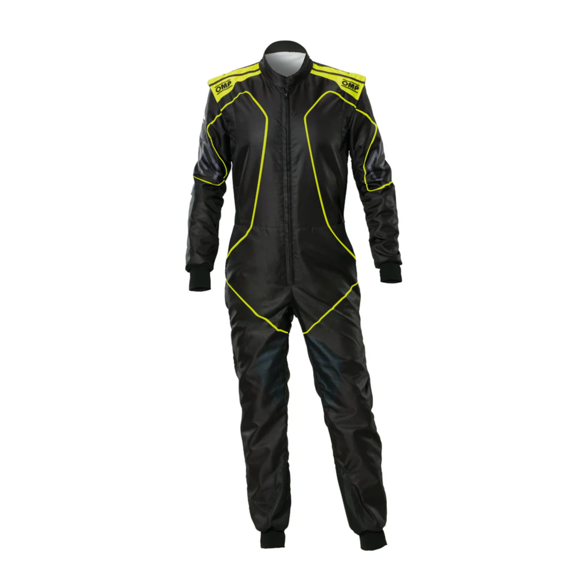 The front of the black and yellow OMP KS-3X Art Style-2 Youth Kart Racing Suit from OMP.