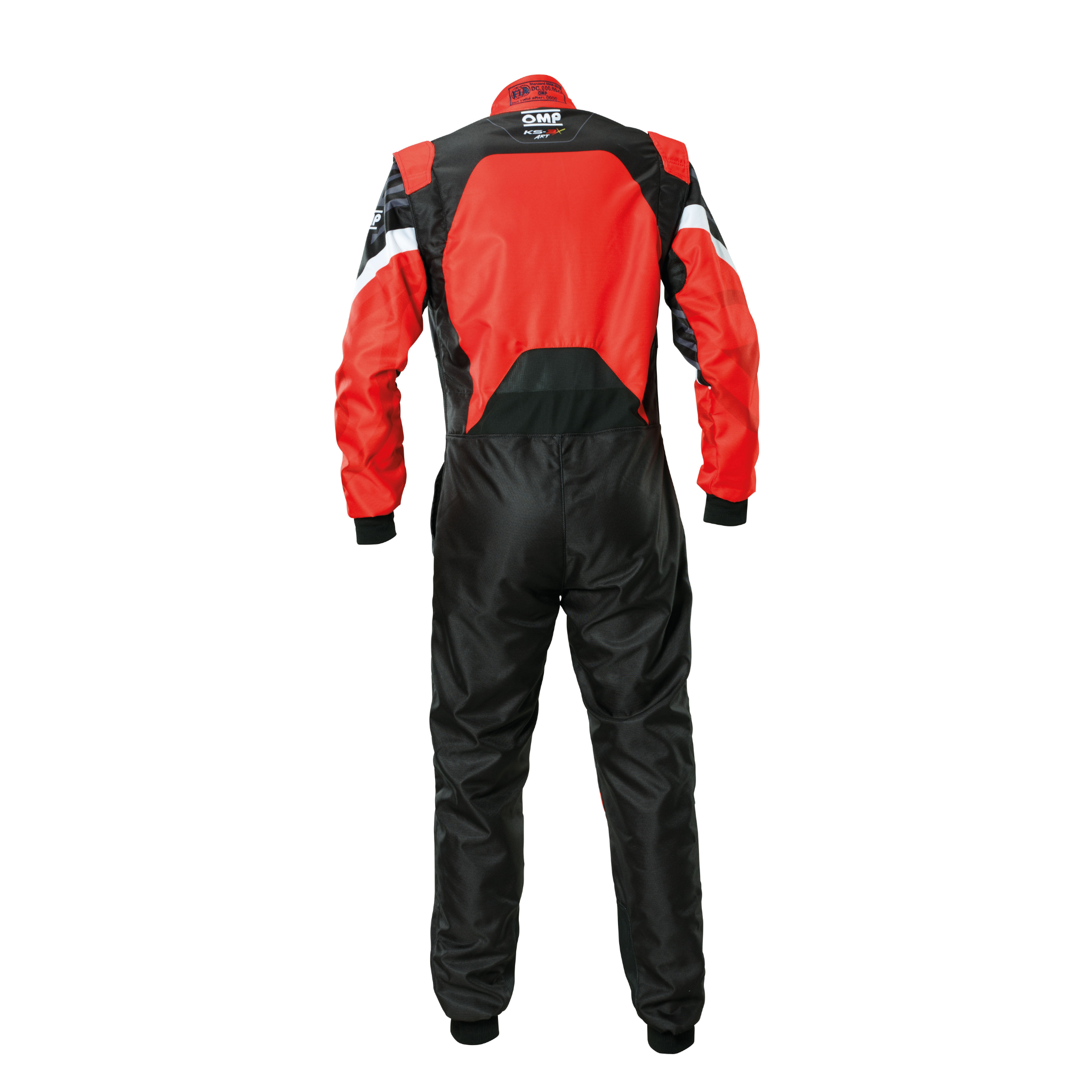 The back of the black and red OMP KS-3X Art Youth Kart Racing Suit.