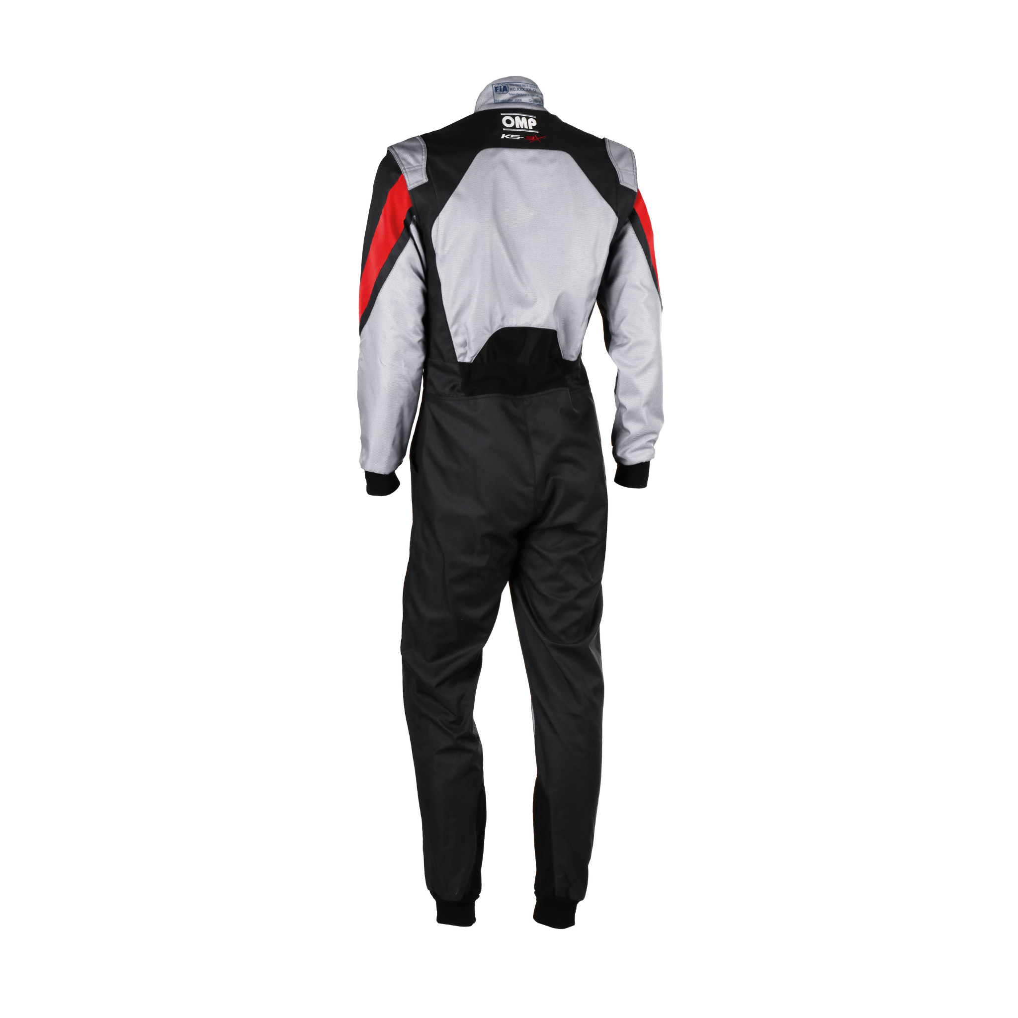 The back of the grey and black OMP KS-3X Youth Kart Racing Suit.