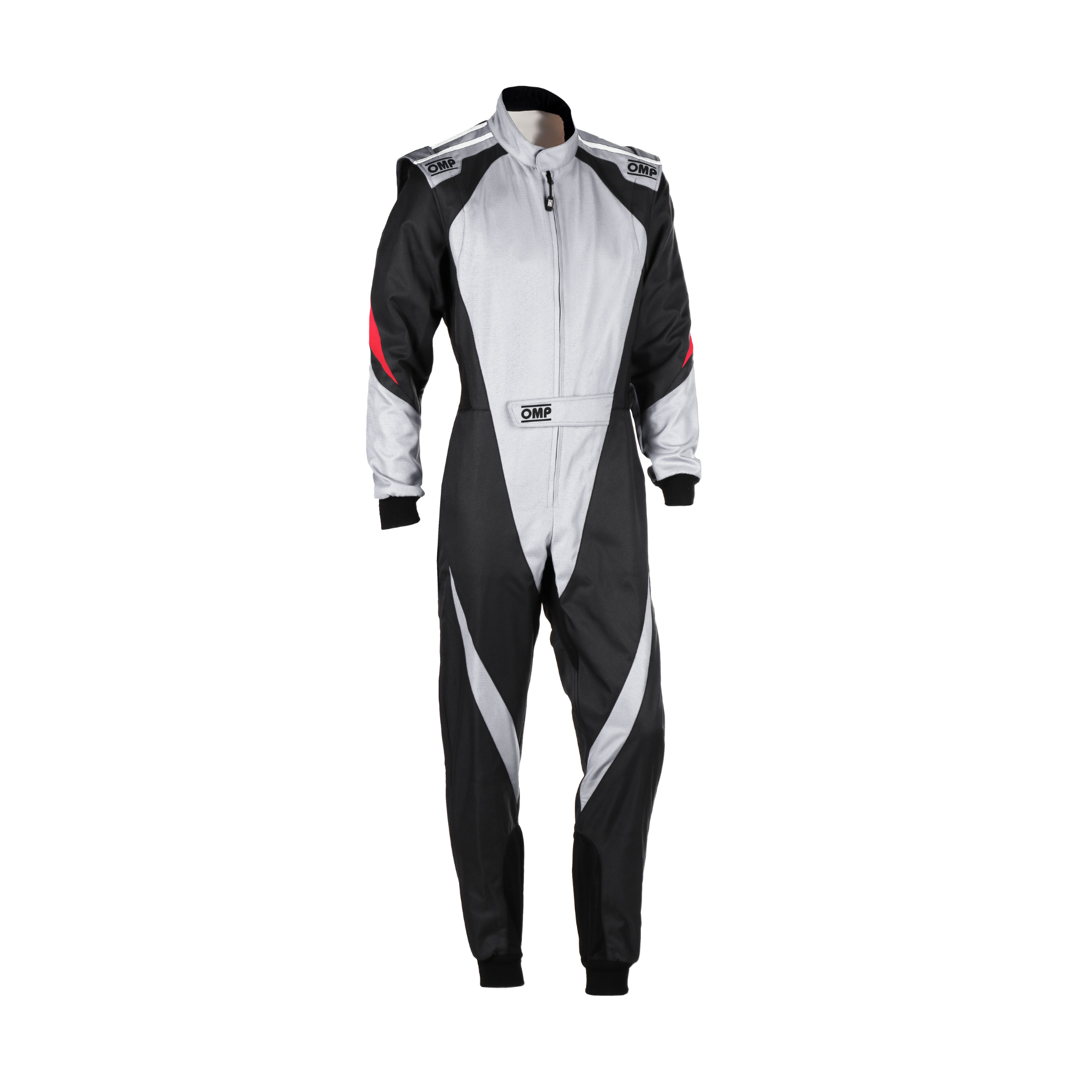 The front of the grey and black OMP KS-3X Youth Kart Racing Suit.