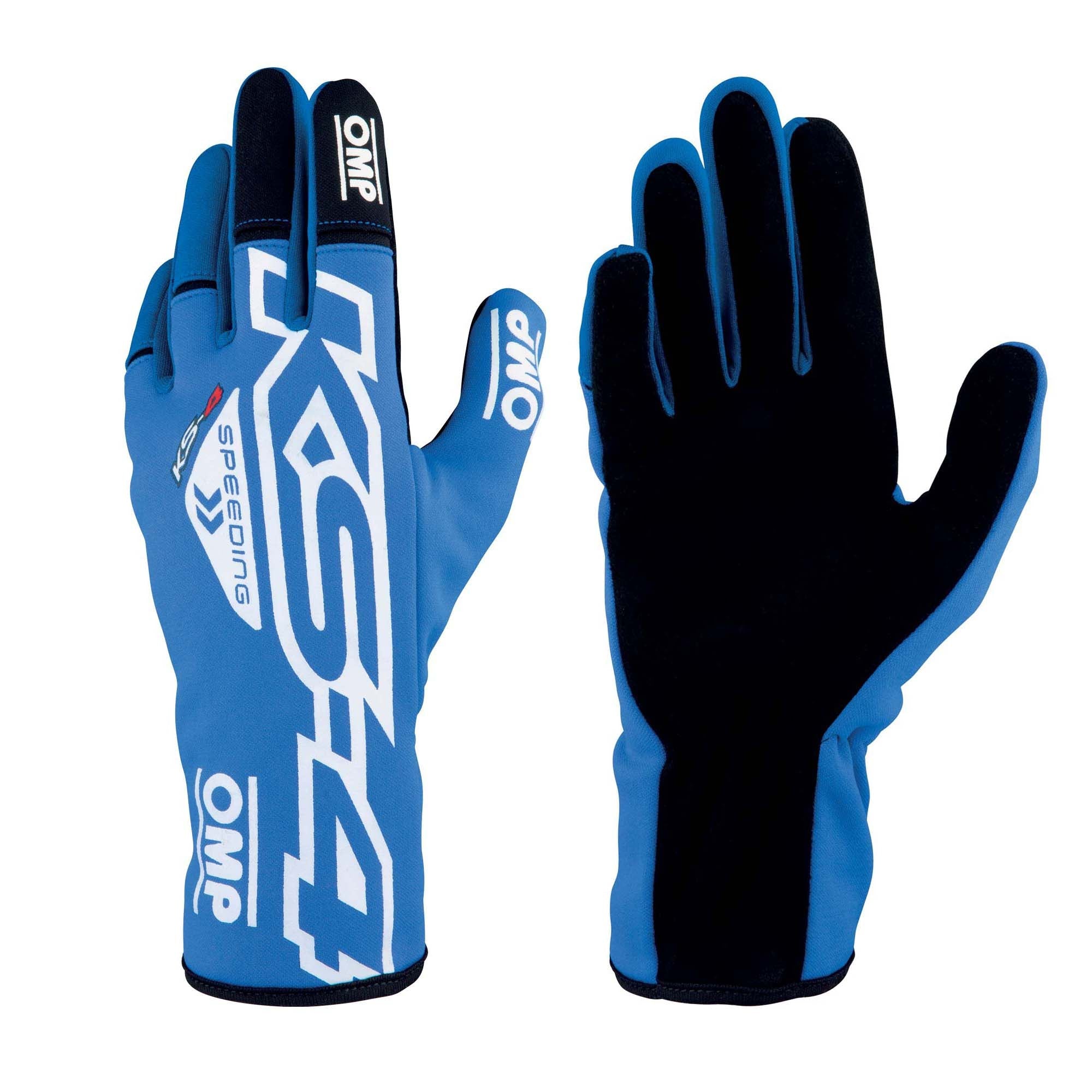 The blue and white OMP KS-4 Youth Karting Gloves.