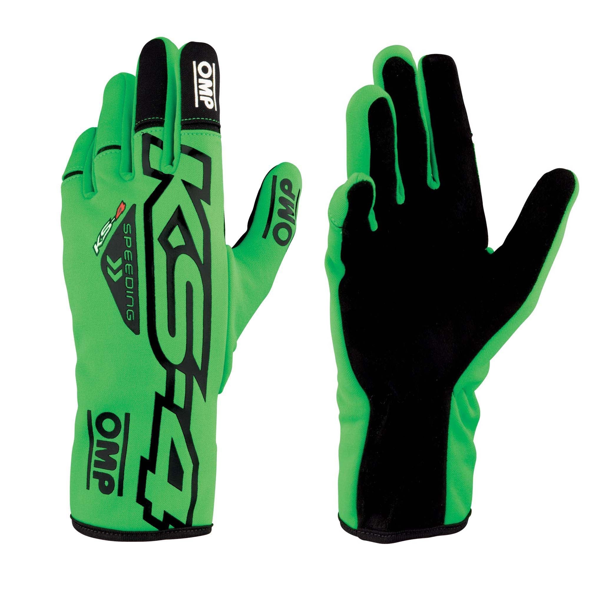 The green and black OMP KS-4 Youth Karting Gloves.