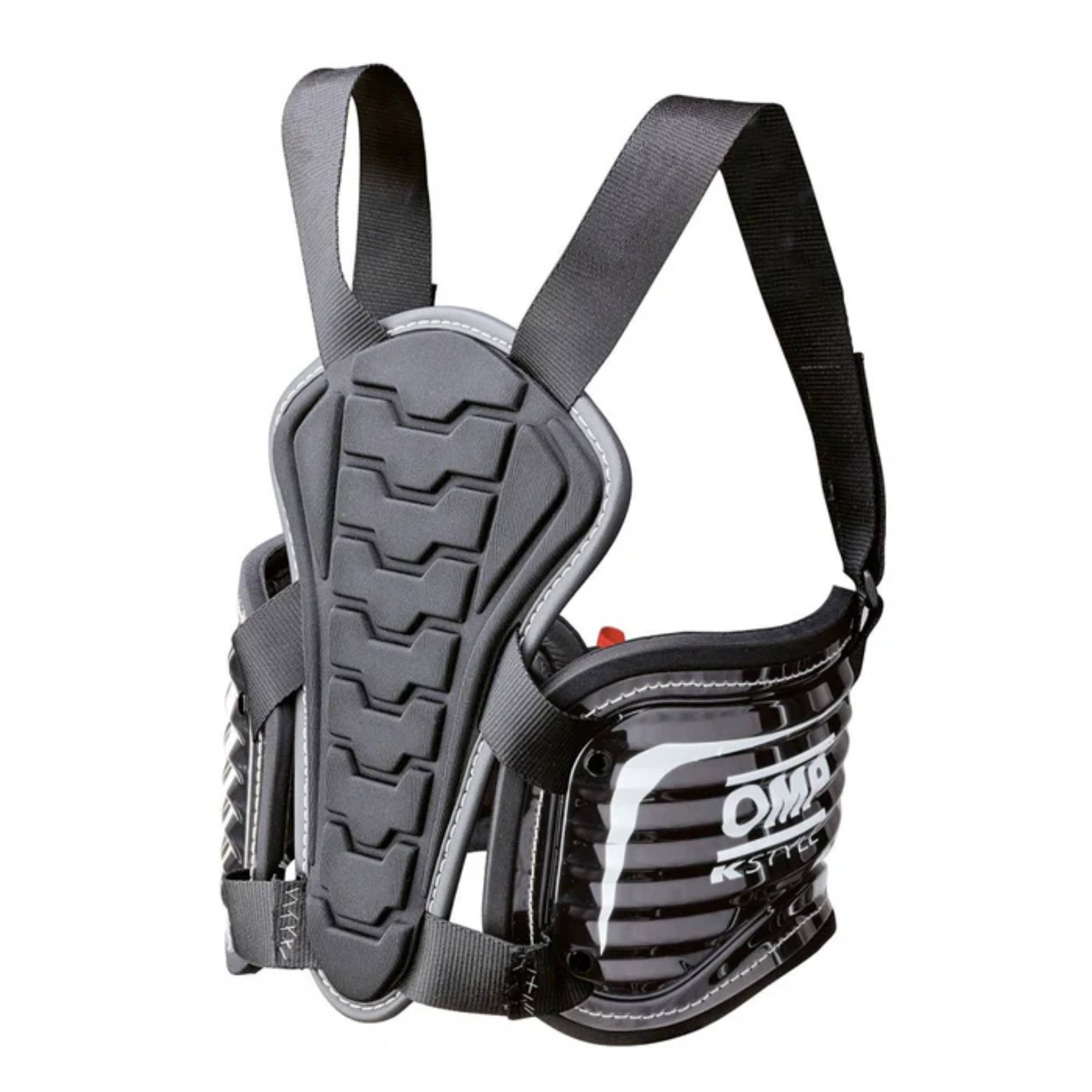 The back of the black OMP KS Body Protection Vest.