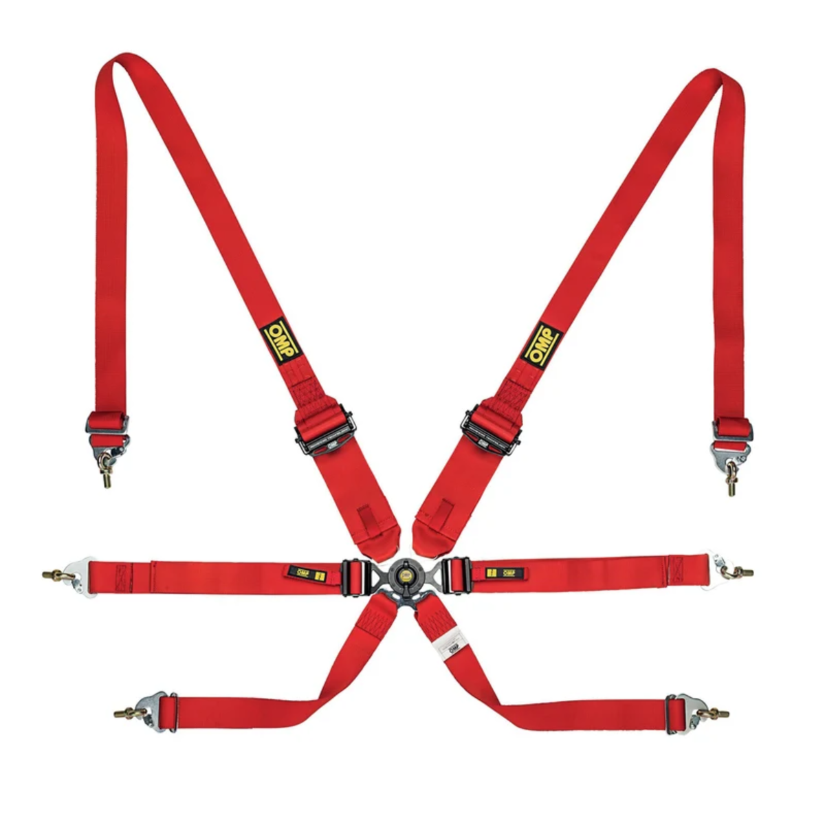 The red FIA 8853-2016 homologated OMP One 3+2 Endurance Racing Harness.