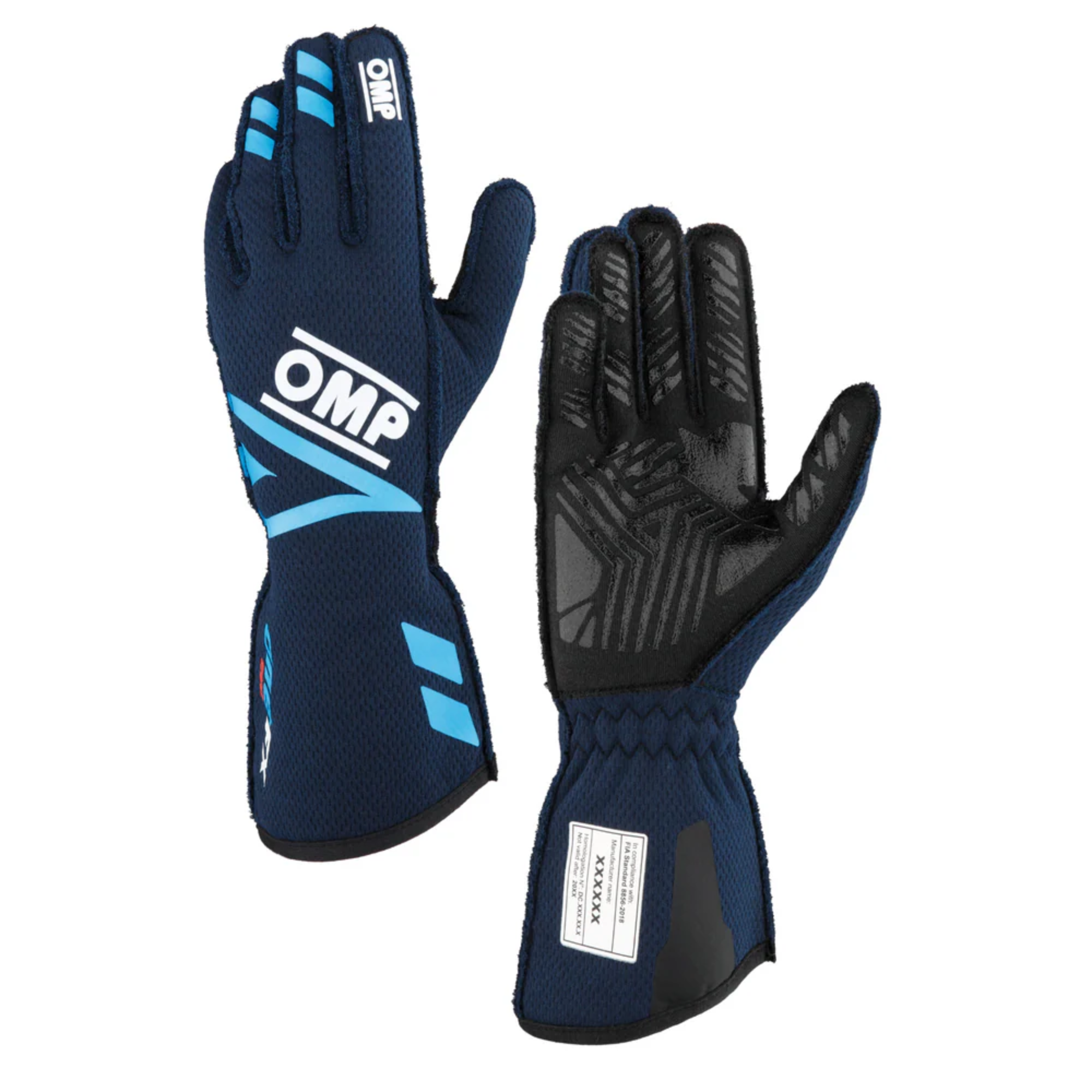 The navy and cyan OMP One Evo FX Racing Gloves.