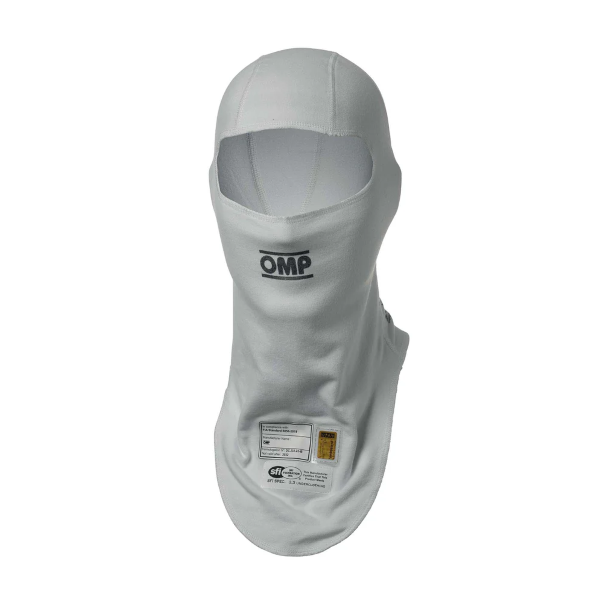 The white OMP One Evo Racing Balaclava from OMP.